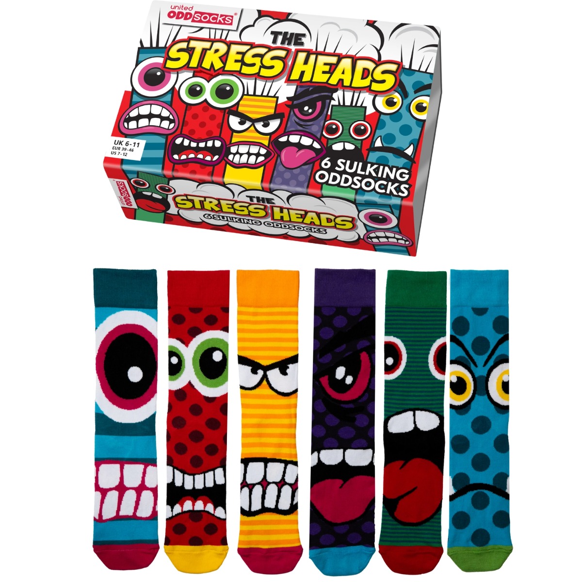 Einzelne Socken im 6er Pack, THE STRESS HEADS Bunte Monster, Gr. 39-46, mit Geschenkbox