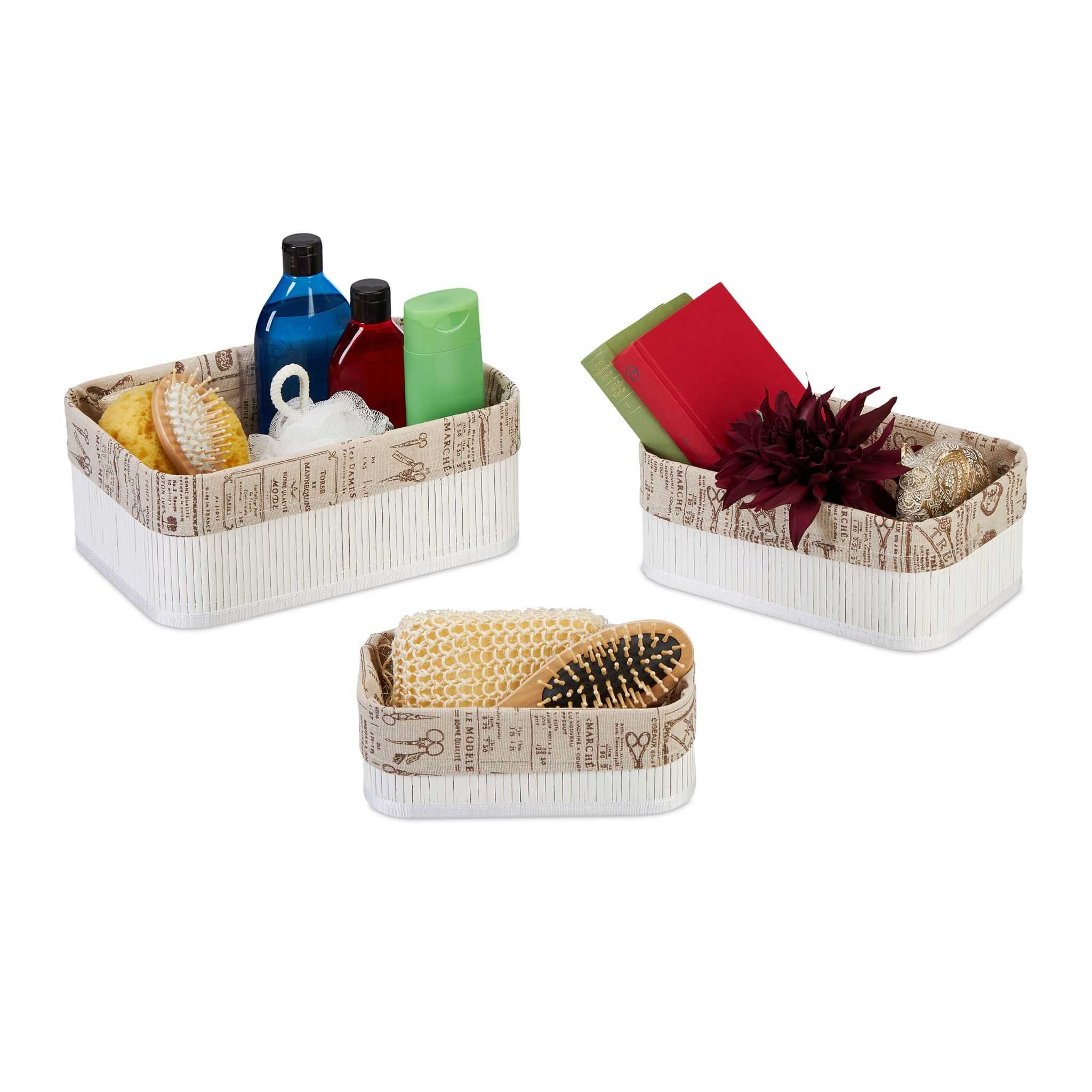 Aufbewahrungskorb 3er-Set Bambus Beige-Weiss-Dunkelbraun