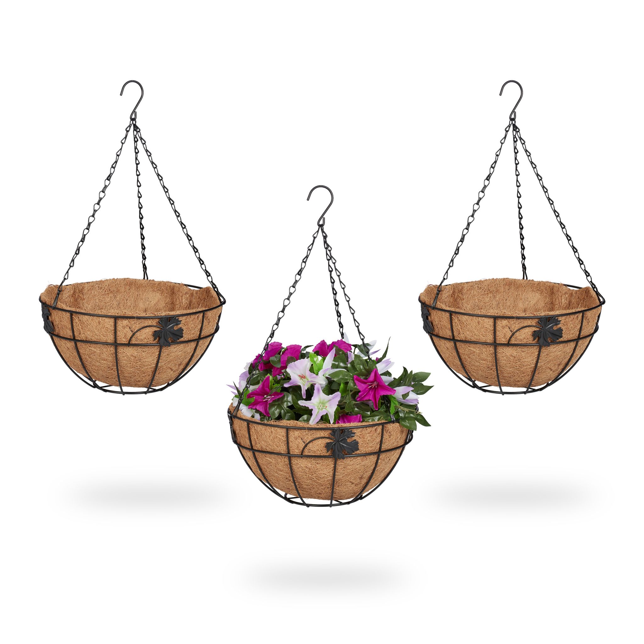 Blumenampel 3er-Set Kokos Hellbraun-Schwarz