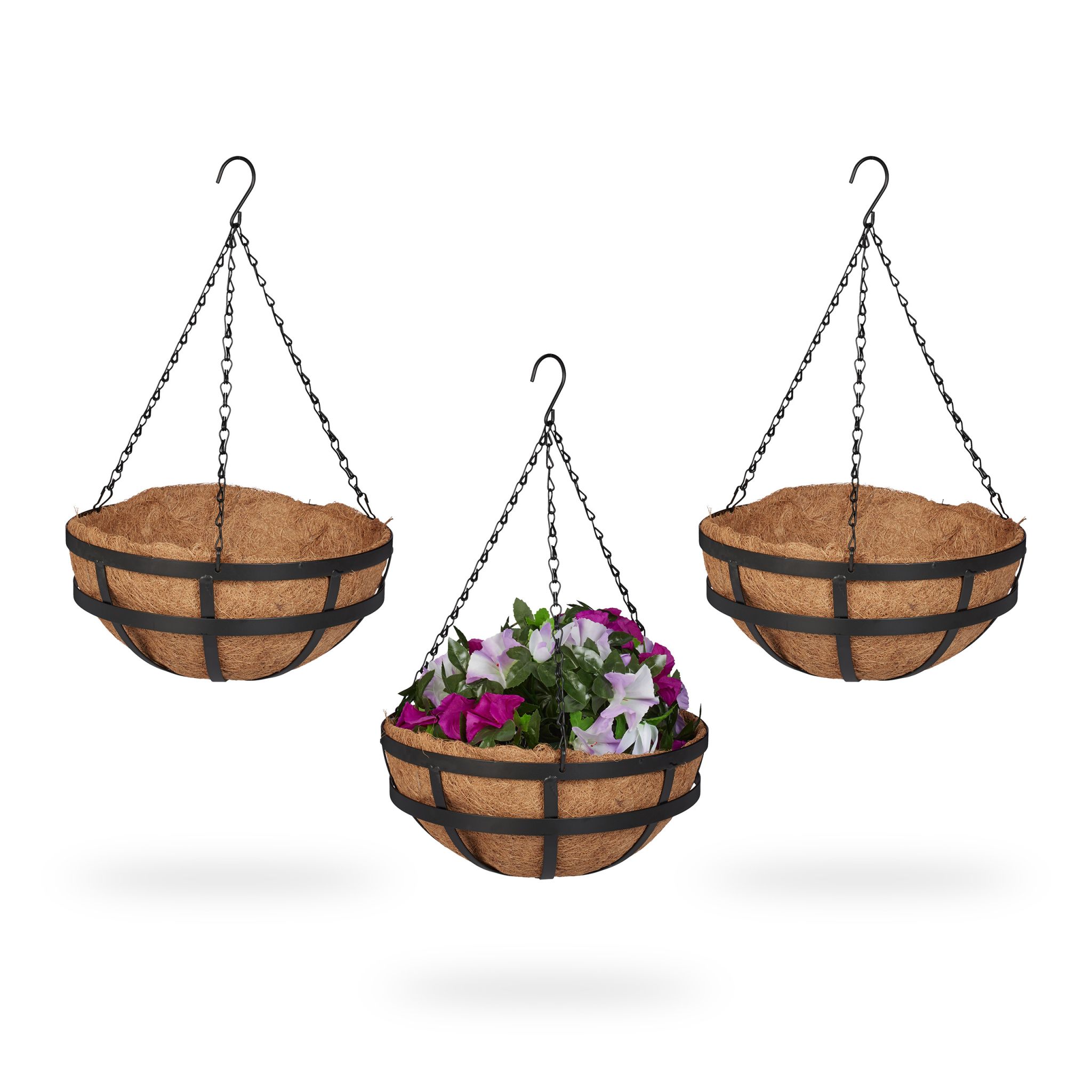 Blumenampel 3er-Set mit Kokoseinlage Hellbraun-Schwarz