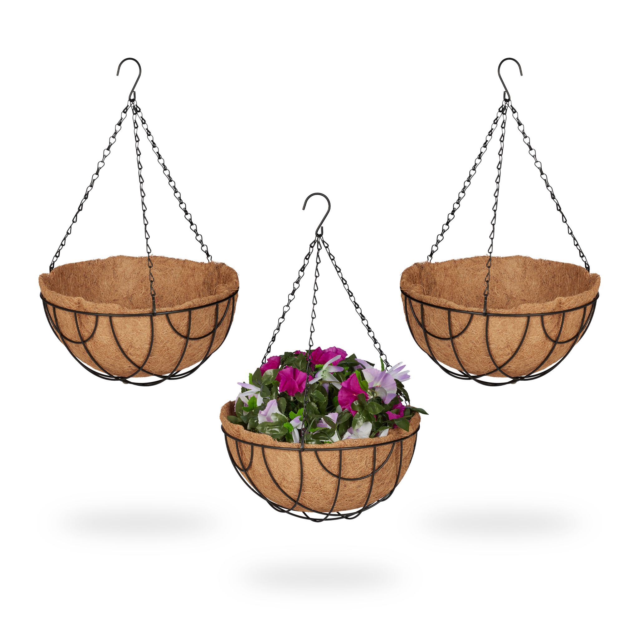 Blumenampel 3er-Set mit Kokoseinlage Hellbraun-Schwarz