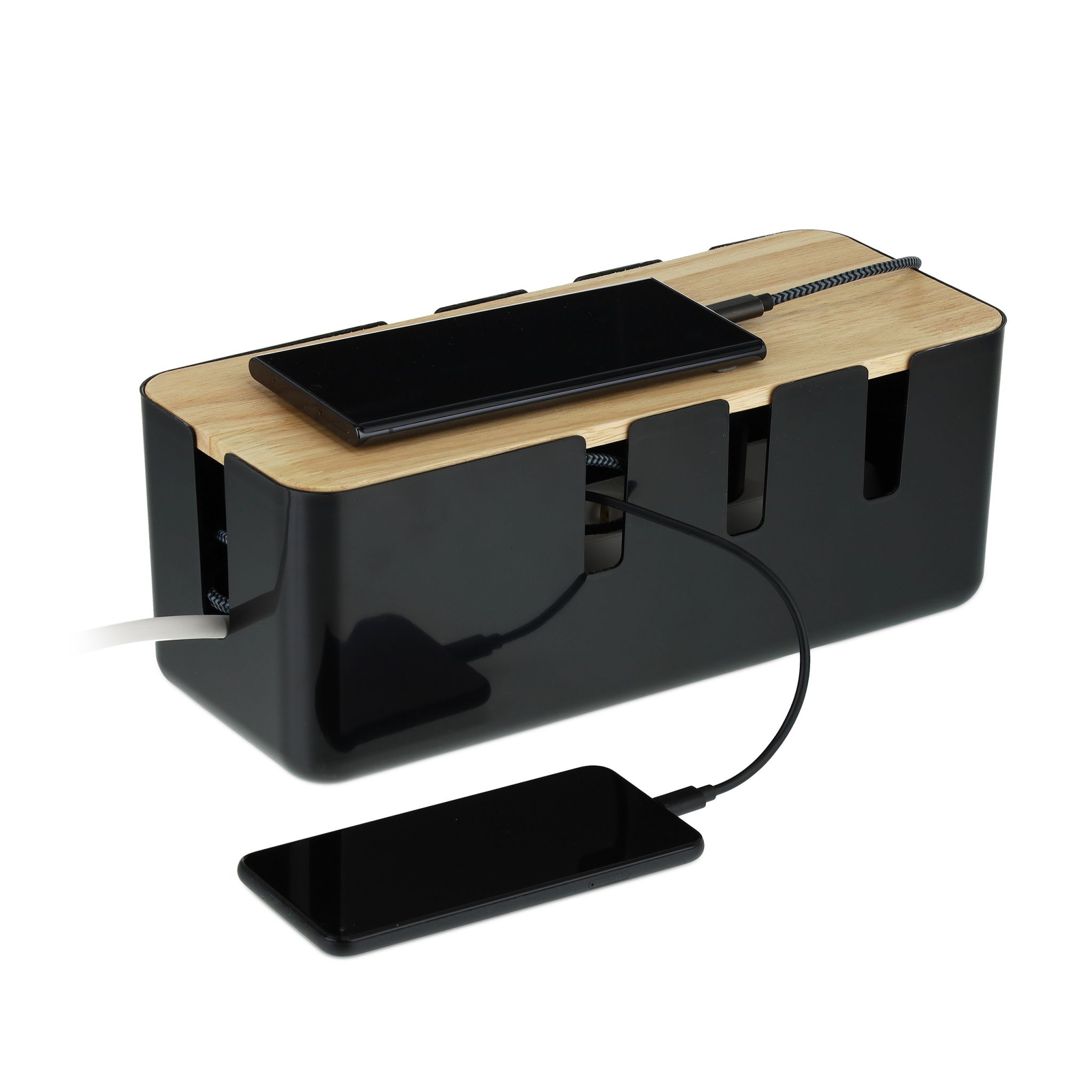 Kabelbox mit Holzdeckel Hellbraun-Schwarz