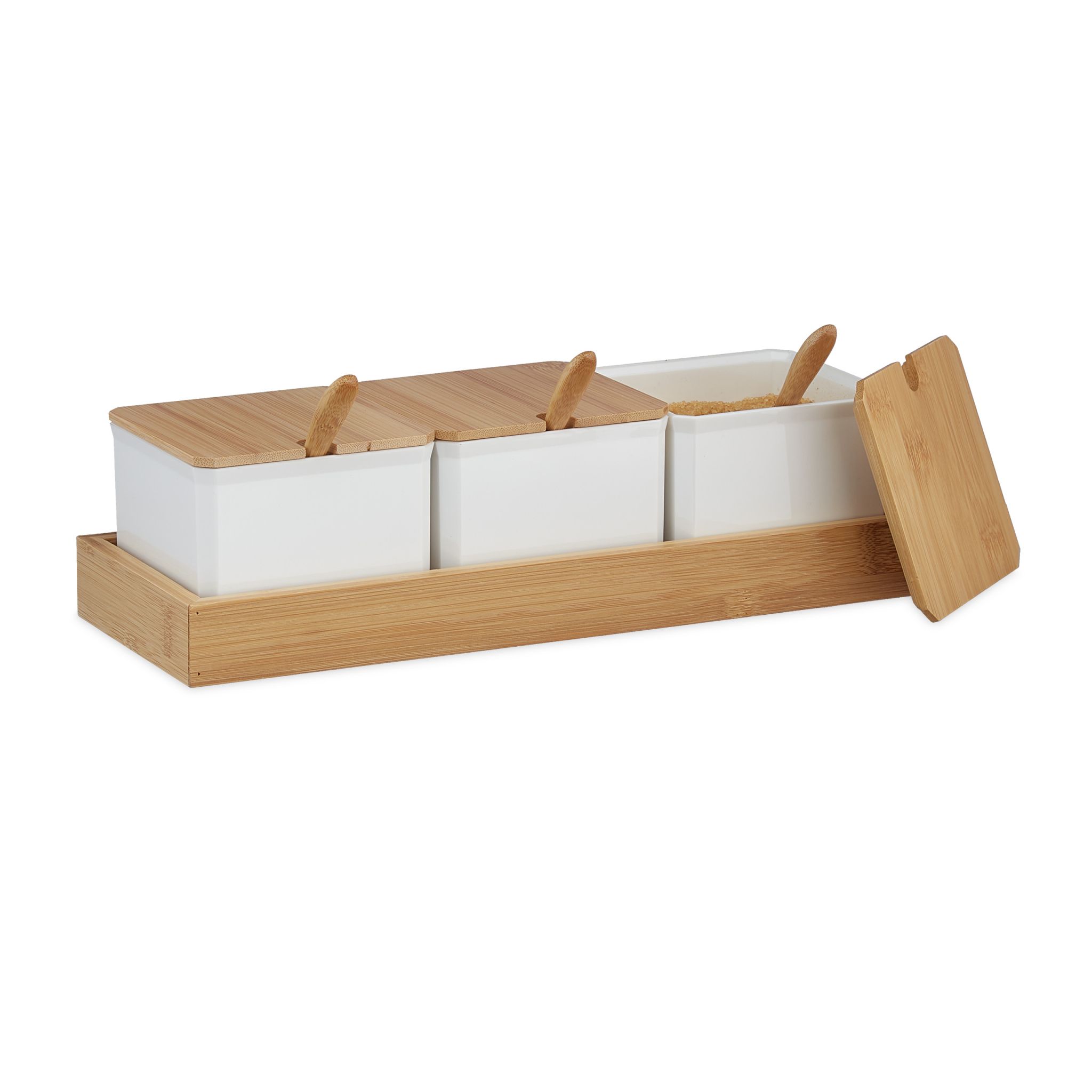 Gewürzbehälter-Set mit Löffel & Deckel Weiss-Hellbraun