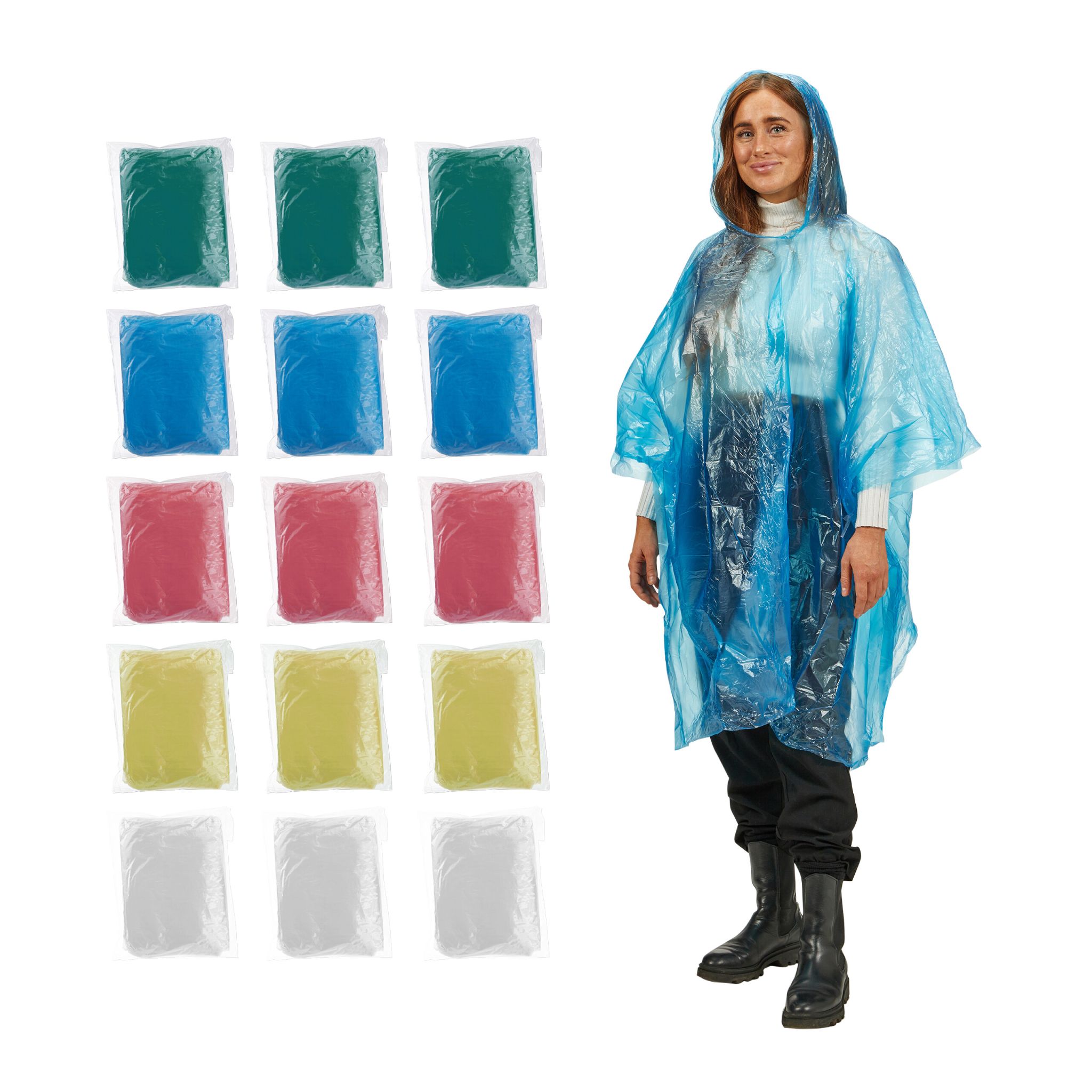 Einweg Regenponcho 15er-Set bunt Blau-Gelb-Rot
