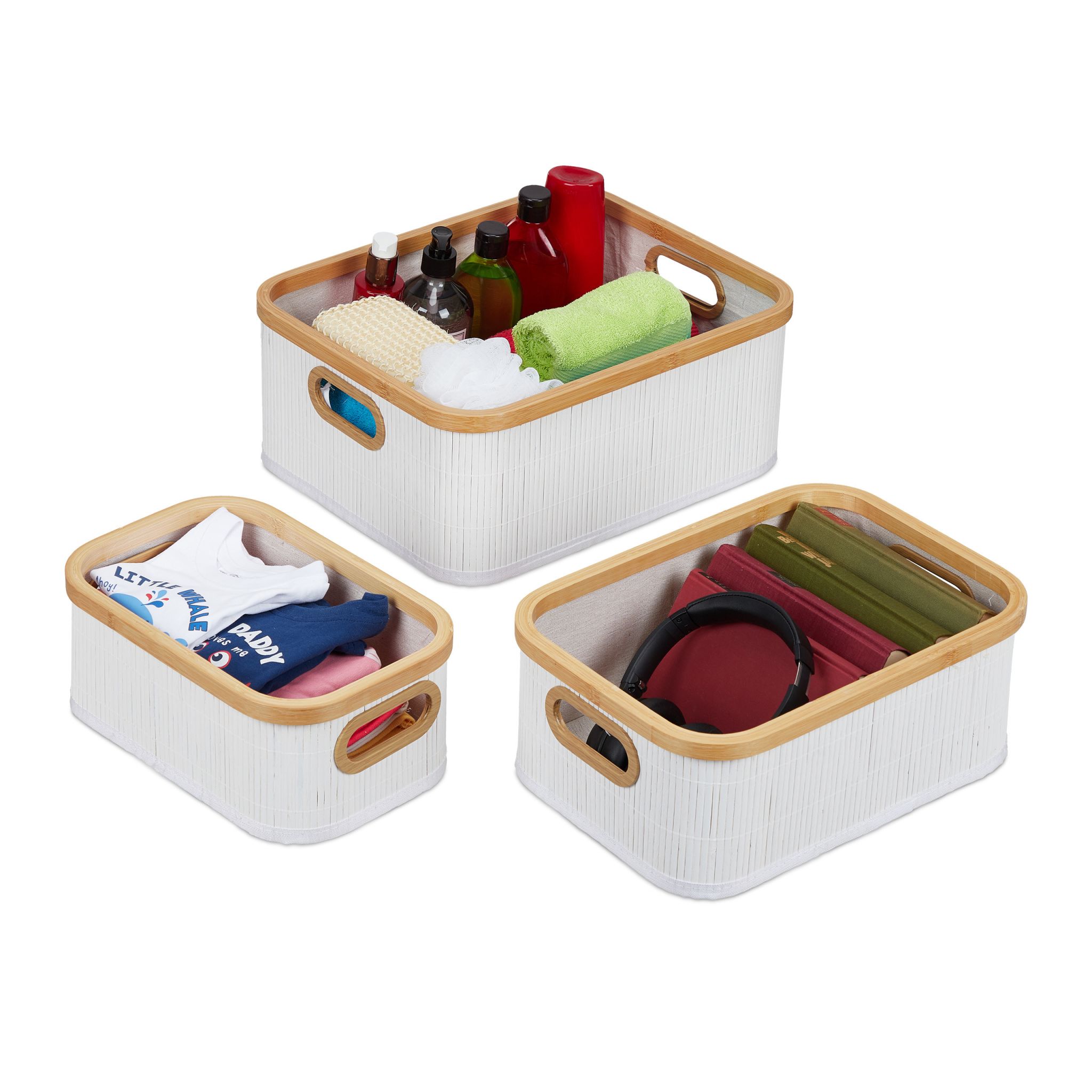 Aufbewahrungskorb 3er-Set Bambus Beige-Weiss-Hellbraun