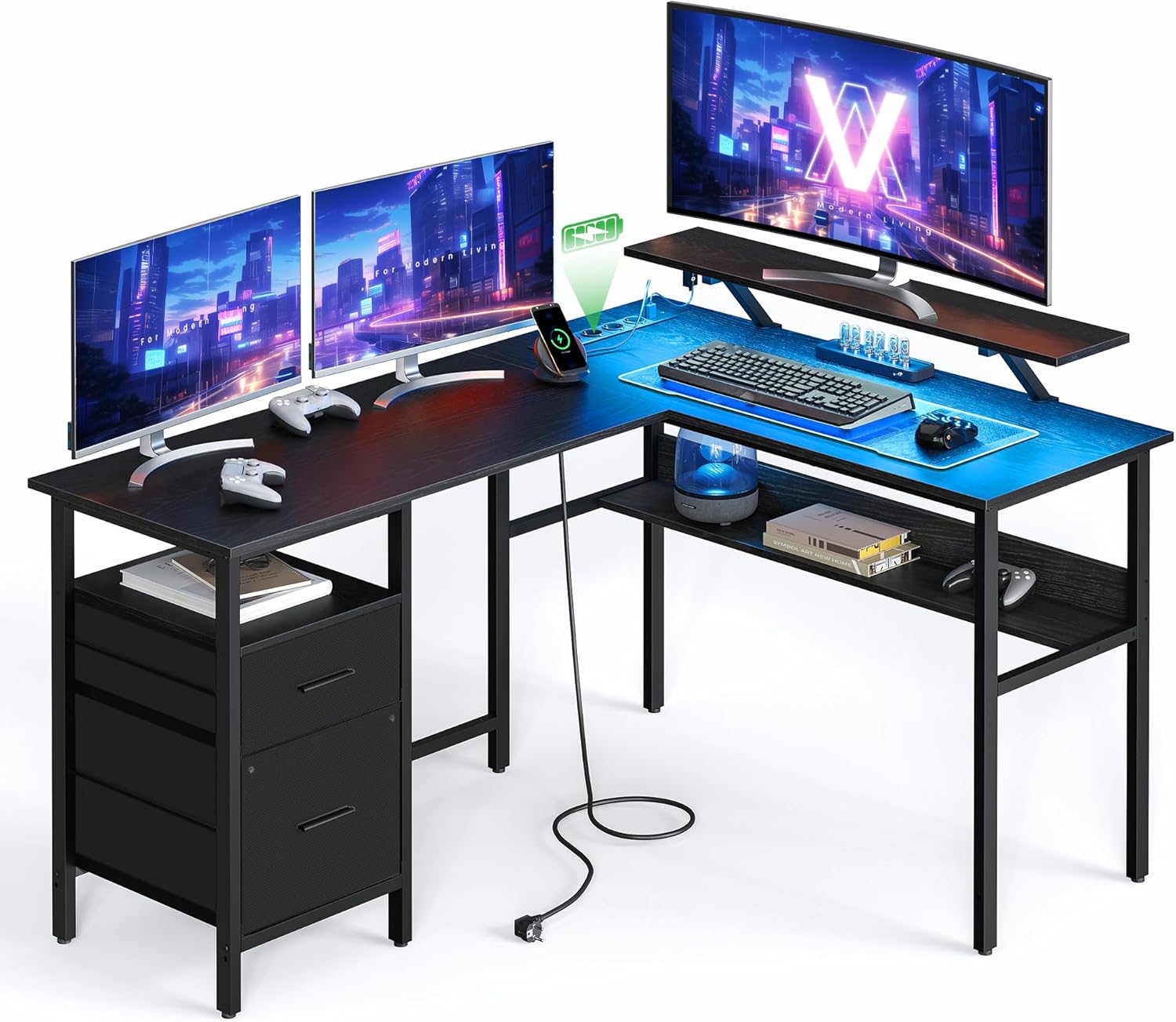 Eckschreibtisch LED USB Schwarz Holz