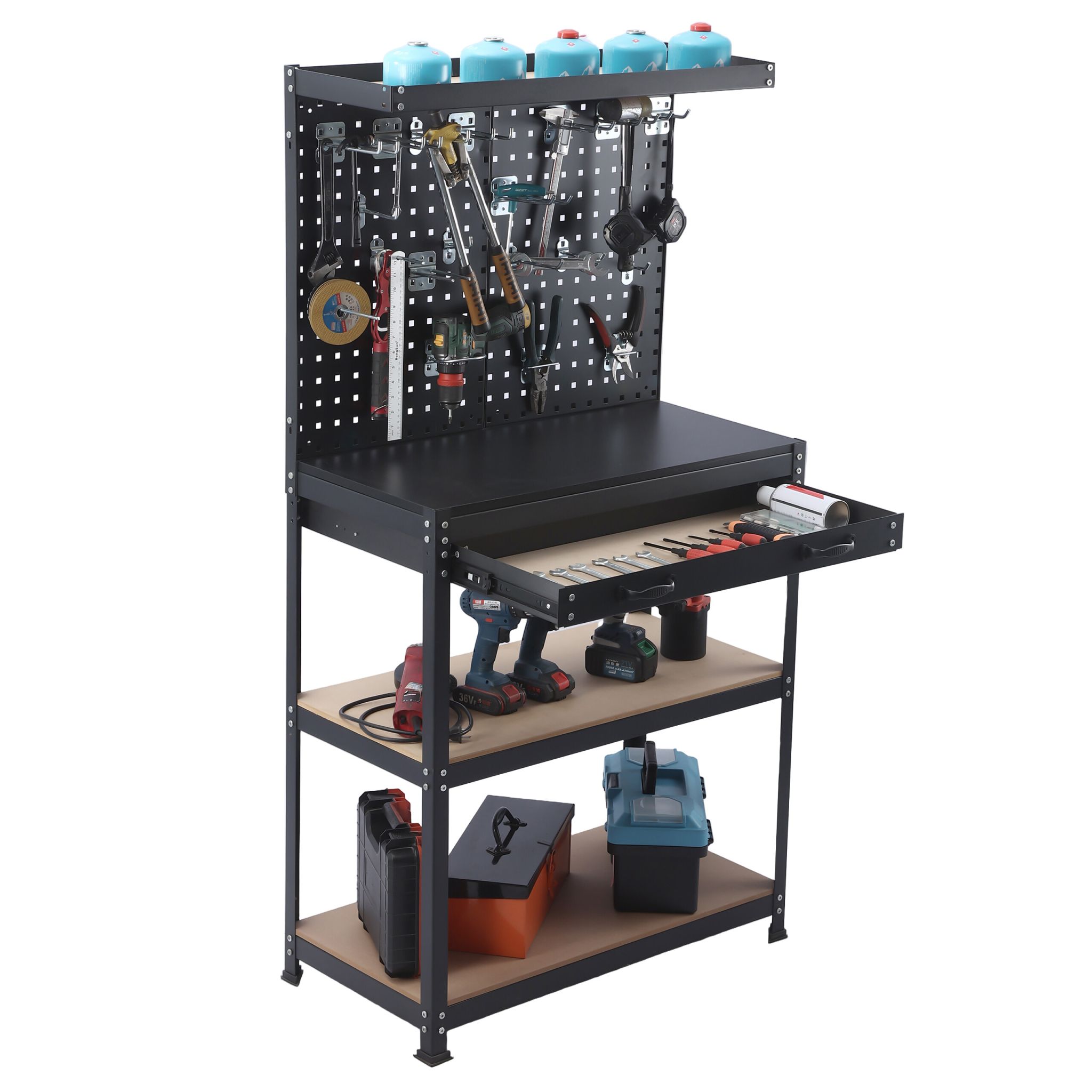Werkbank mit Lochwand & Schublade Hellbraun-Schwarz-Silber