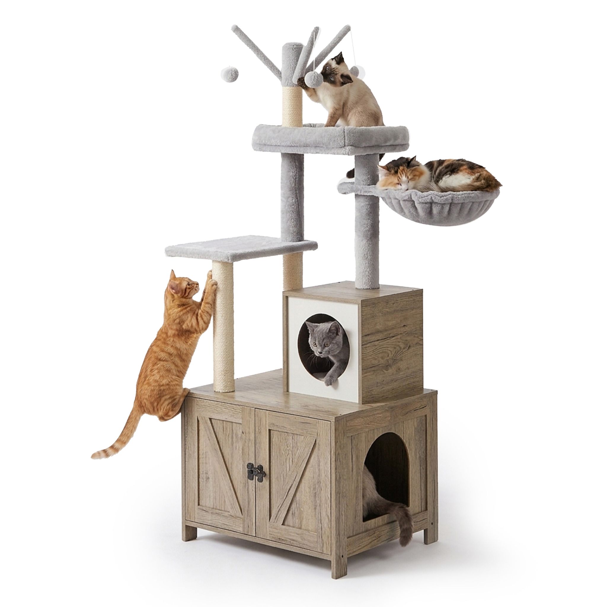 Kratzbaum mit Katzenklo-Schrank 150cm Weiss-Hellbraun-Grau