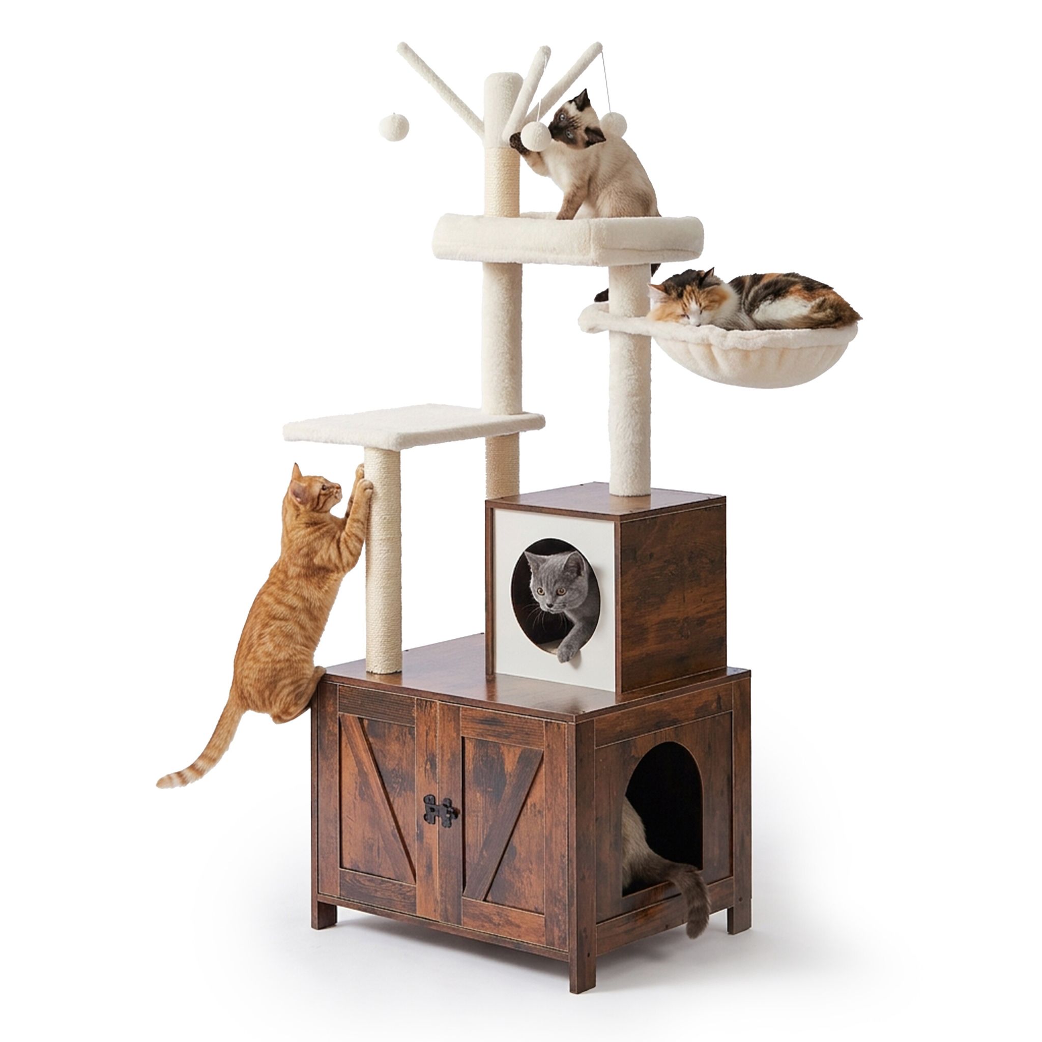 Kratzbaum mit Katzenklo-Schrank 150cm Weiss-Dunkelbraun