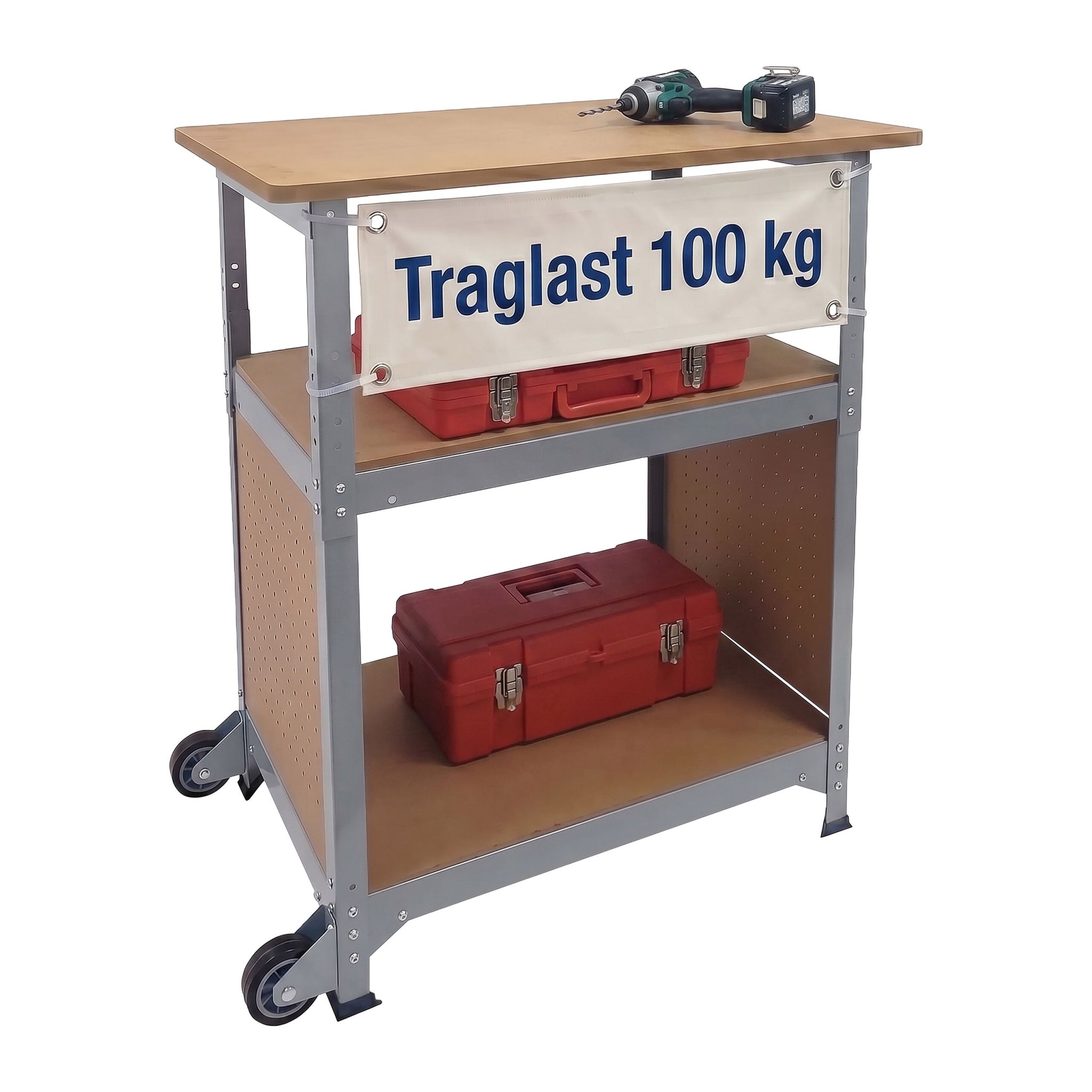 Werkbank mit Rollen & Lochwand Hellbraun-Silber