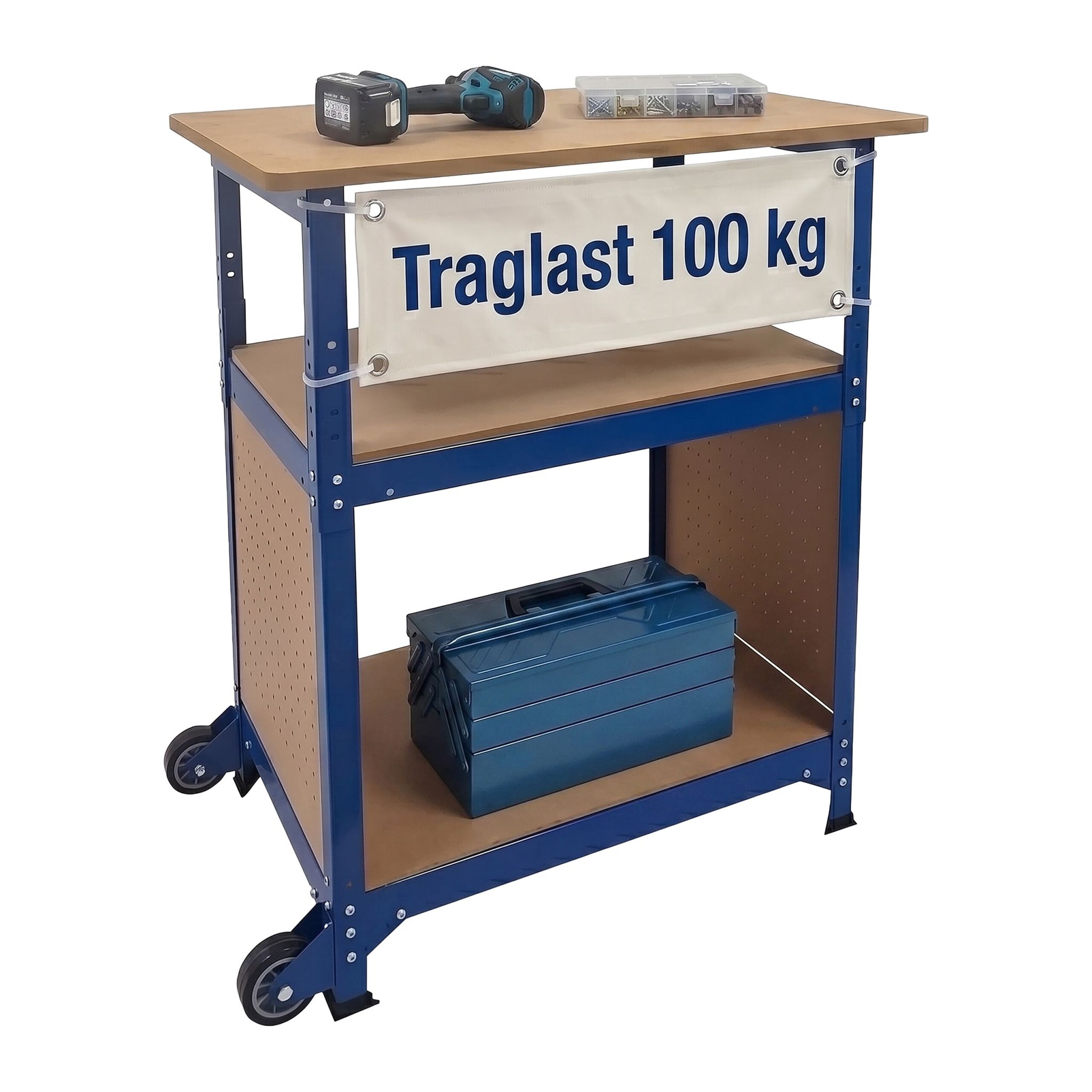 Werkbank mit Rollen & Lochwand Blau-Hellbraun
