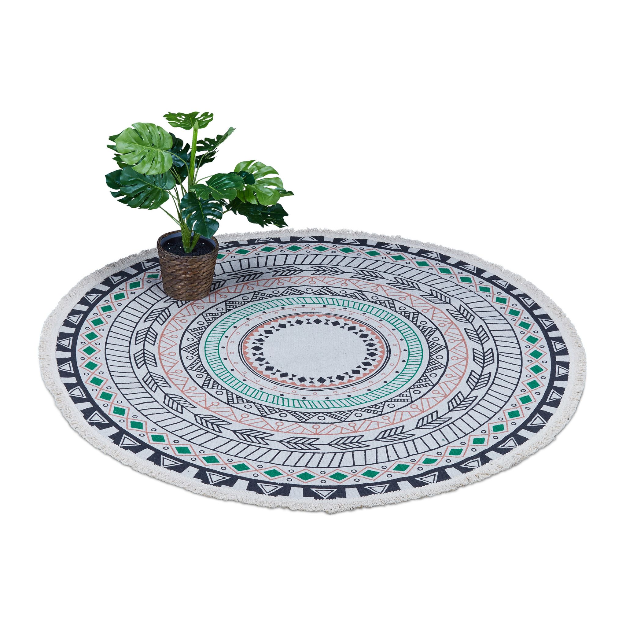 Runder Teppich mit Mandala-Design Creme-Grün-Schwarz