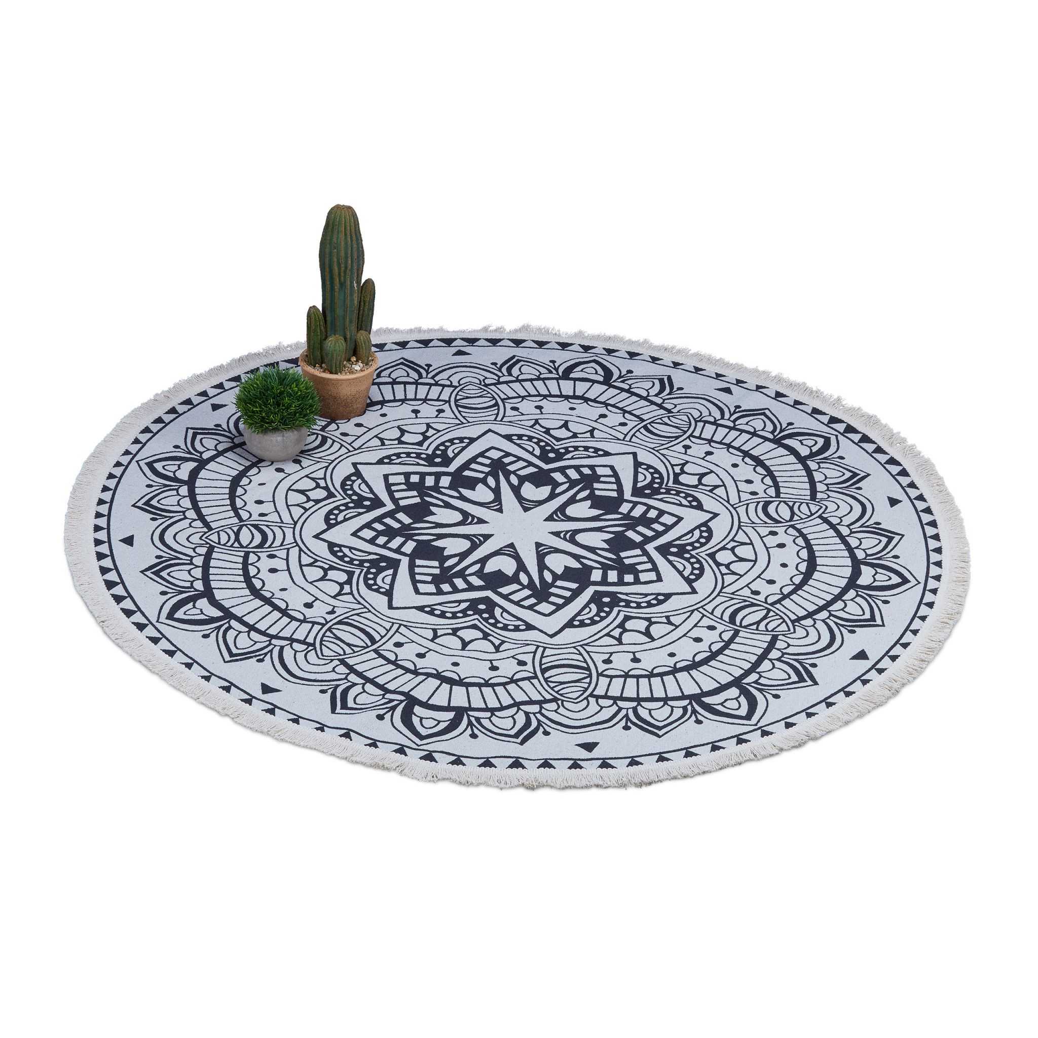 Runder Teppich Mandala-Design Creme-Schwarz