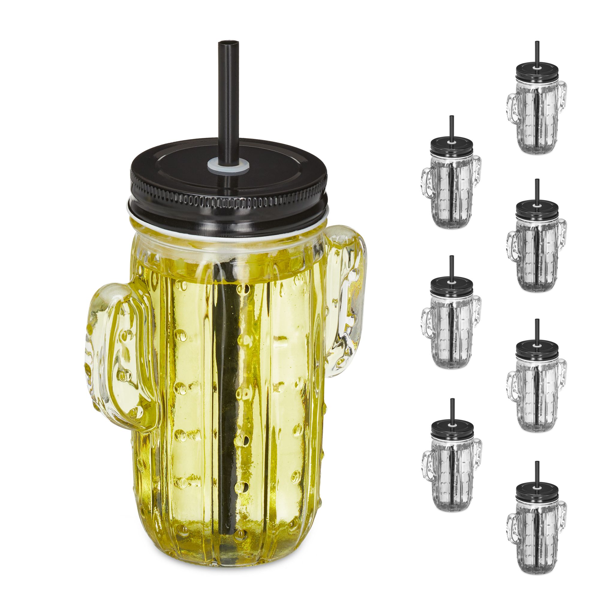 Trinkgläser Kaktus mit Strohhalm 8er-Set Schwarz-Transparent