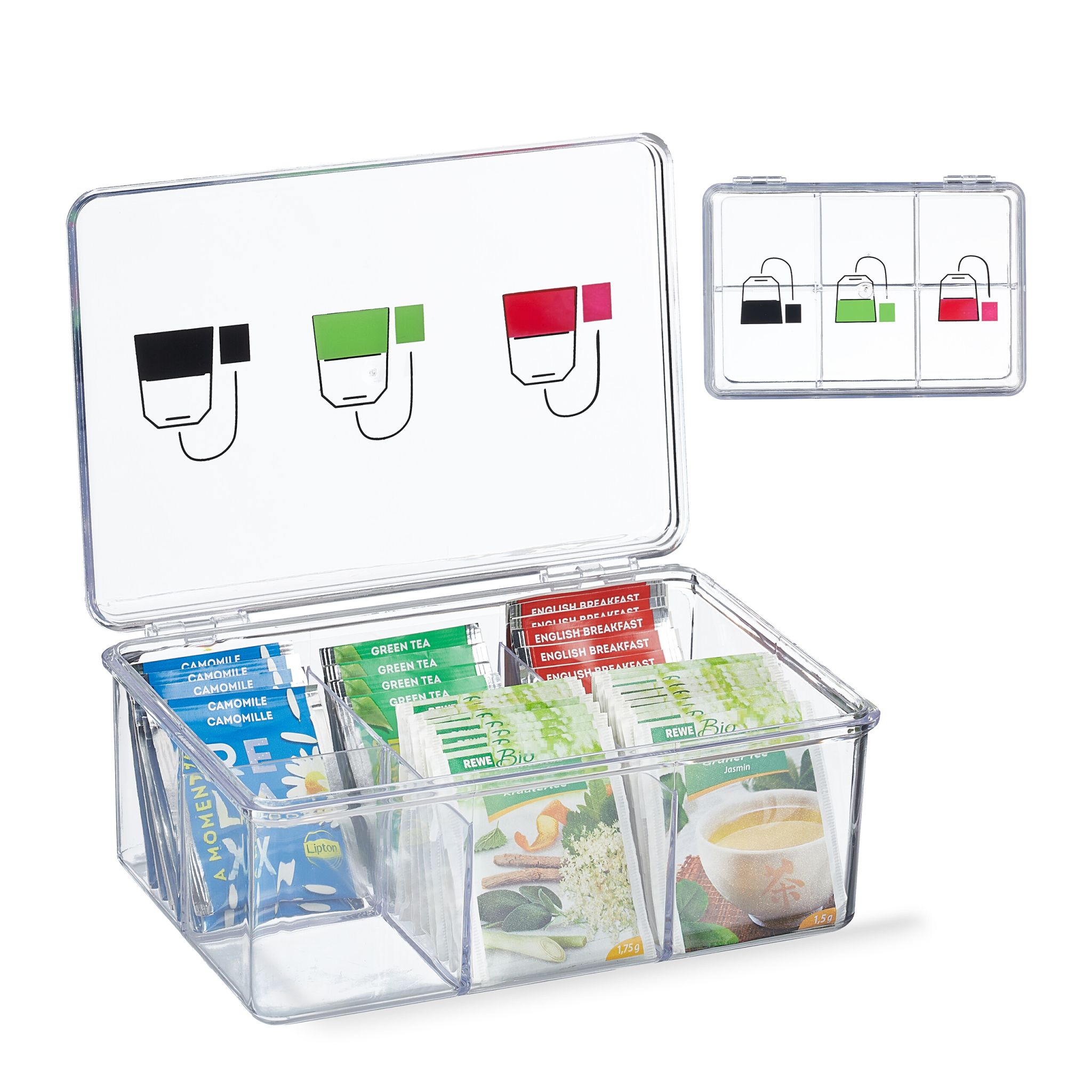 Teebox mit 6 Fächern Grün-Rot-Transparent