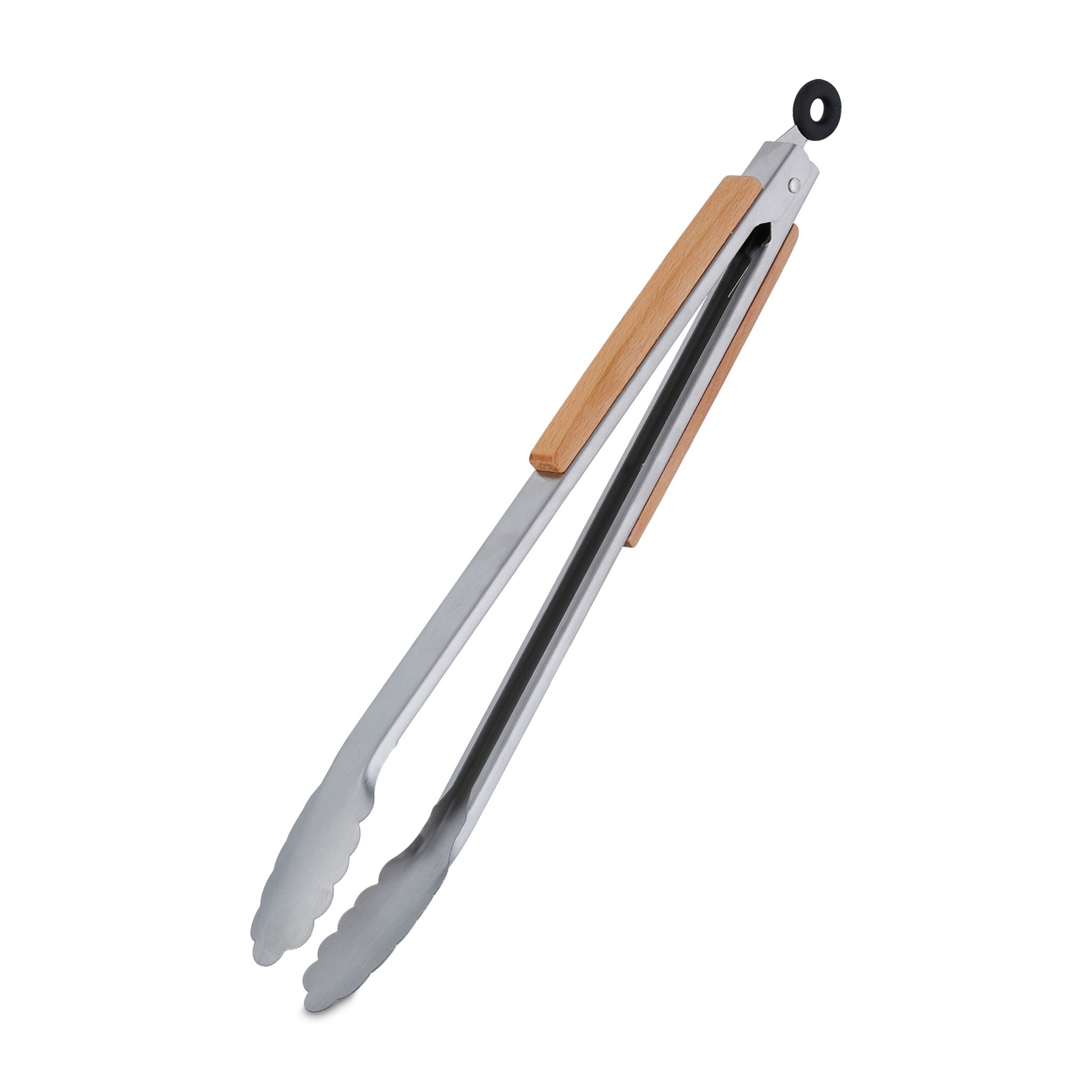 Edelstahl Grillzange mit Holzgriff Hellbraun-Schwarz-Silber