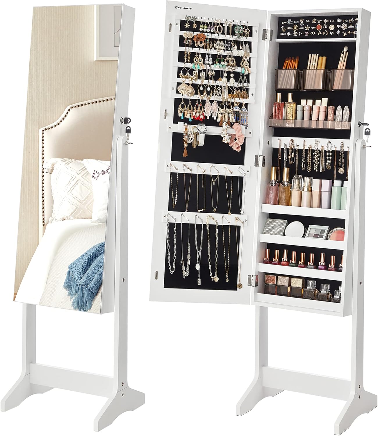Schmuckschrank Spiegelschrank Stehend Make-up Organizer Weiss