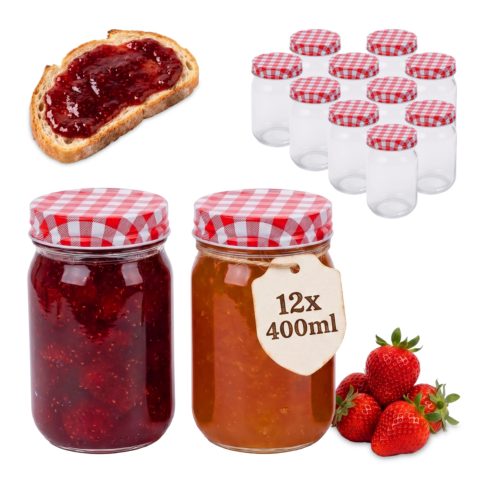 Einmachgläser-Set 400ml Twist Off Weiss-Rot-Transparent