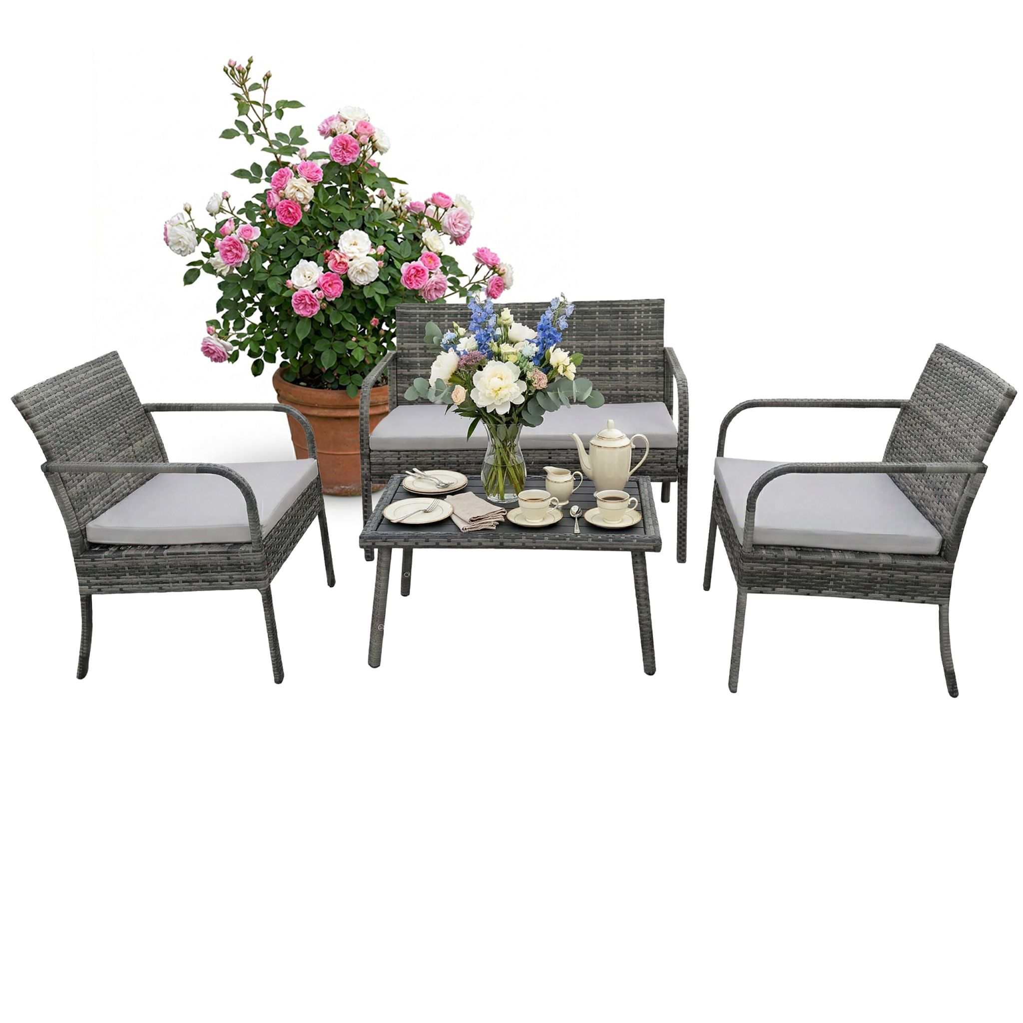 Gartenmöbel 4er-Set Rattan Creme-Grau