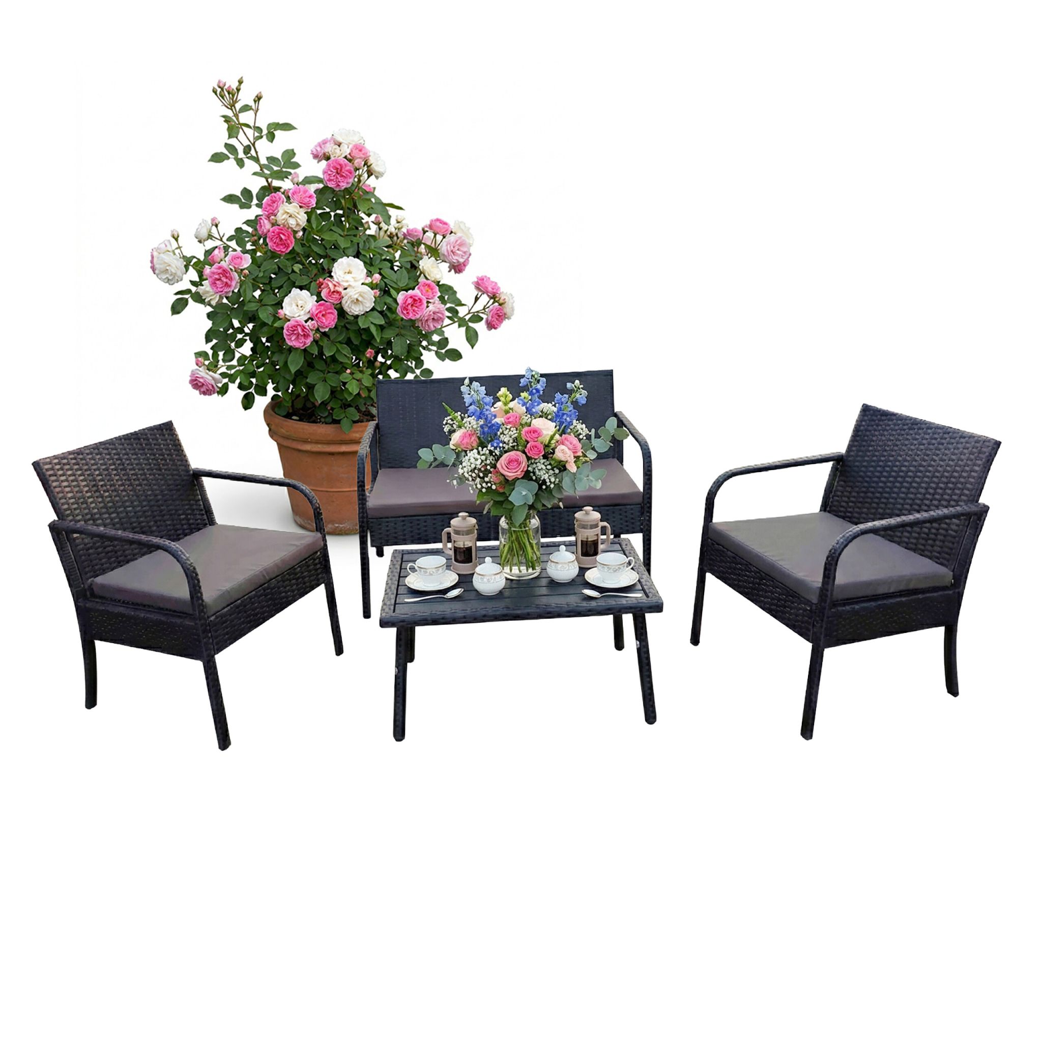 Gartenmöbel 4er-Set Rattan Schwarz-Grau