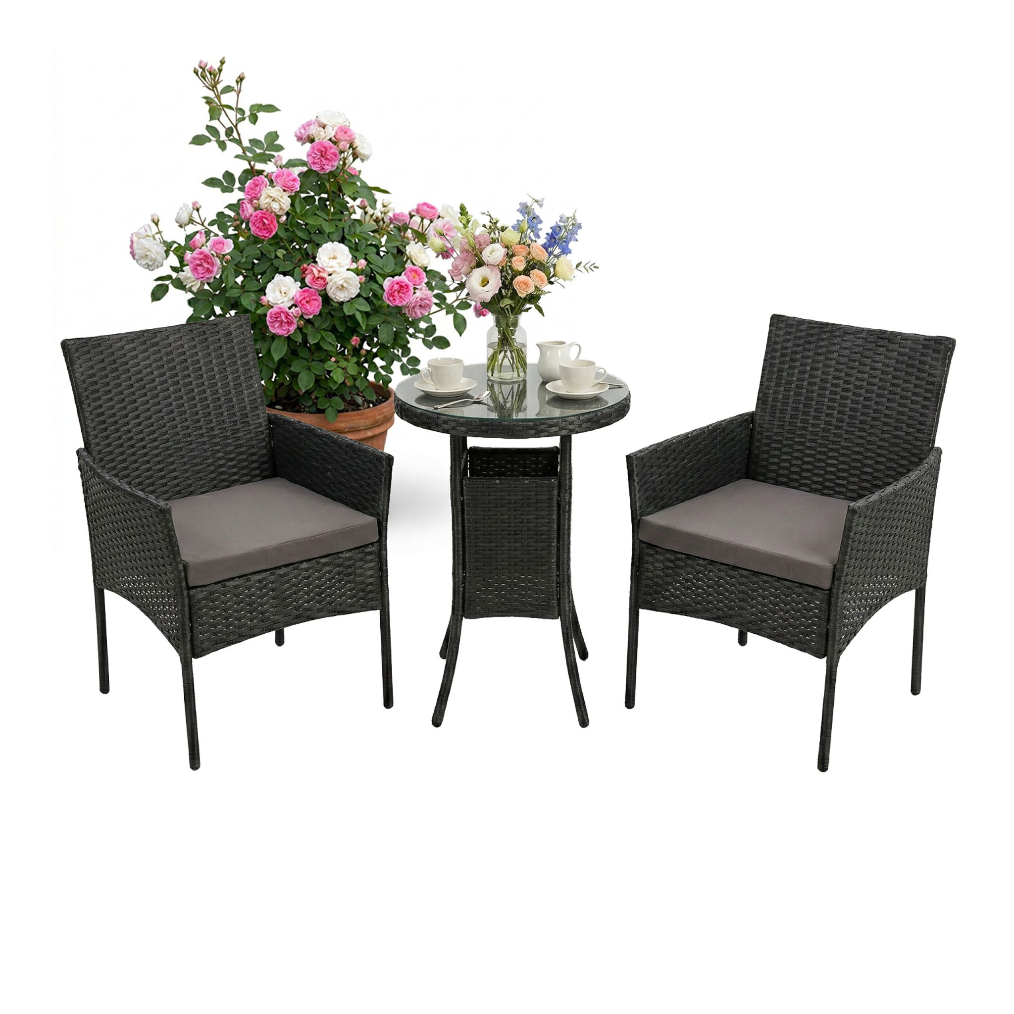 Gartenmöbel 3er-Set Rattan Schwarz-Grau