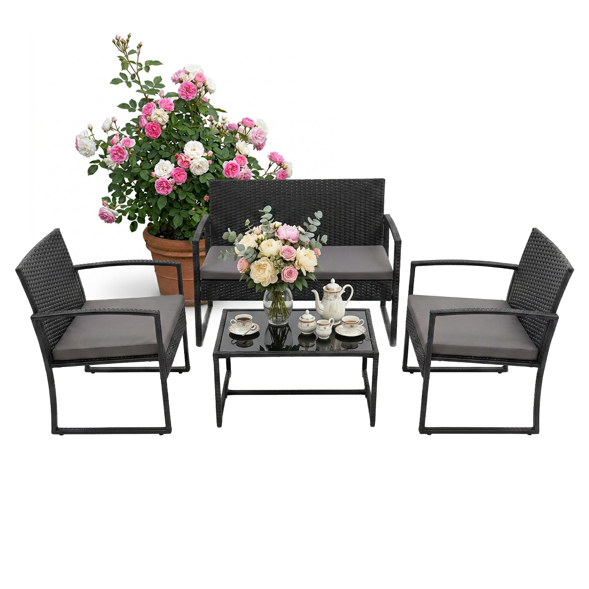 Gartenmöbel 4er-Set Rattan Schwarz-Grau