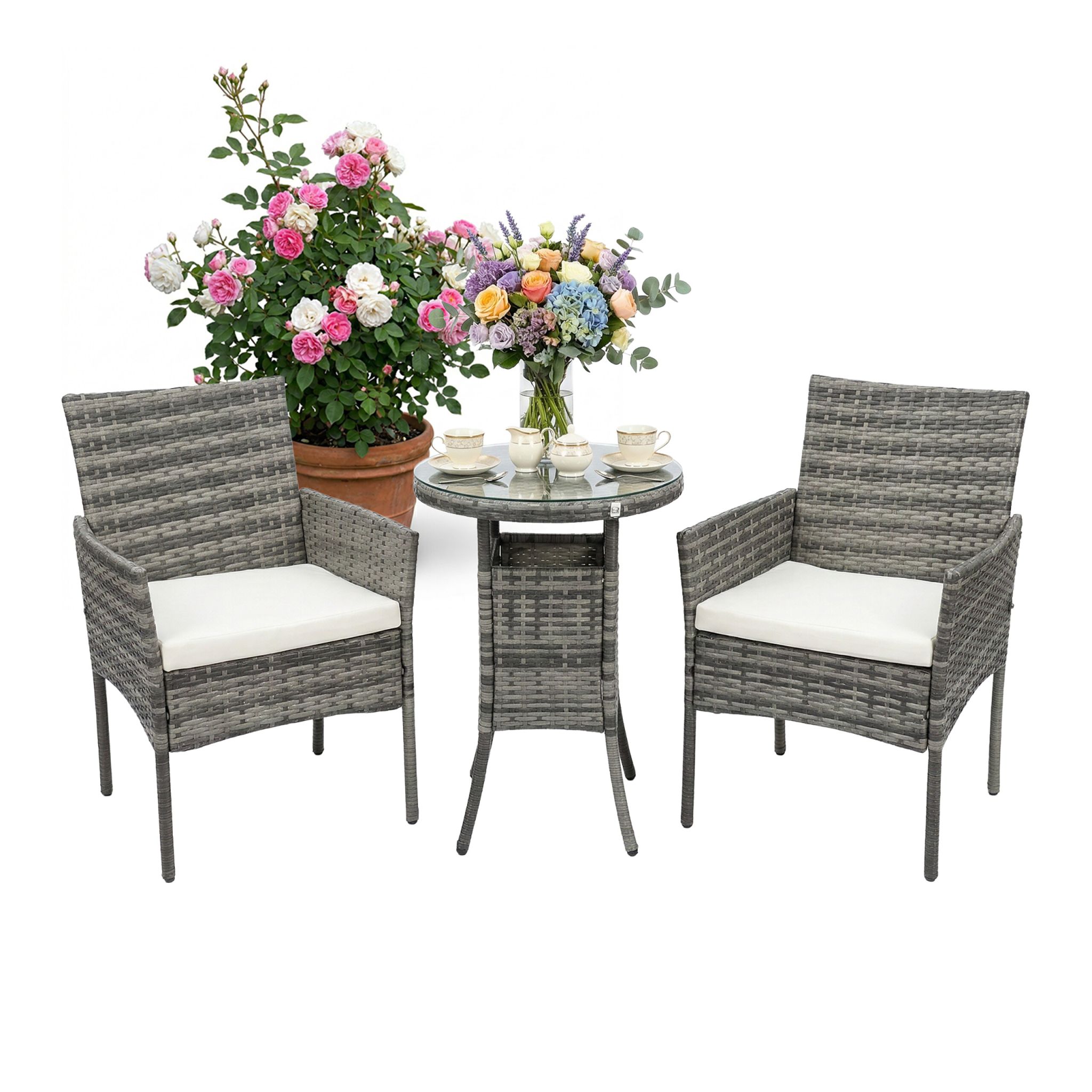 Gartenmöbel 3er-Set Rattan Creme-Grau