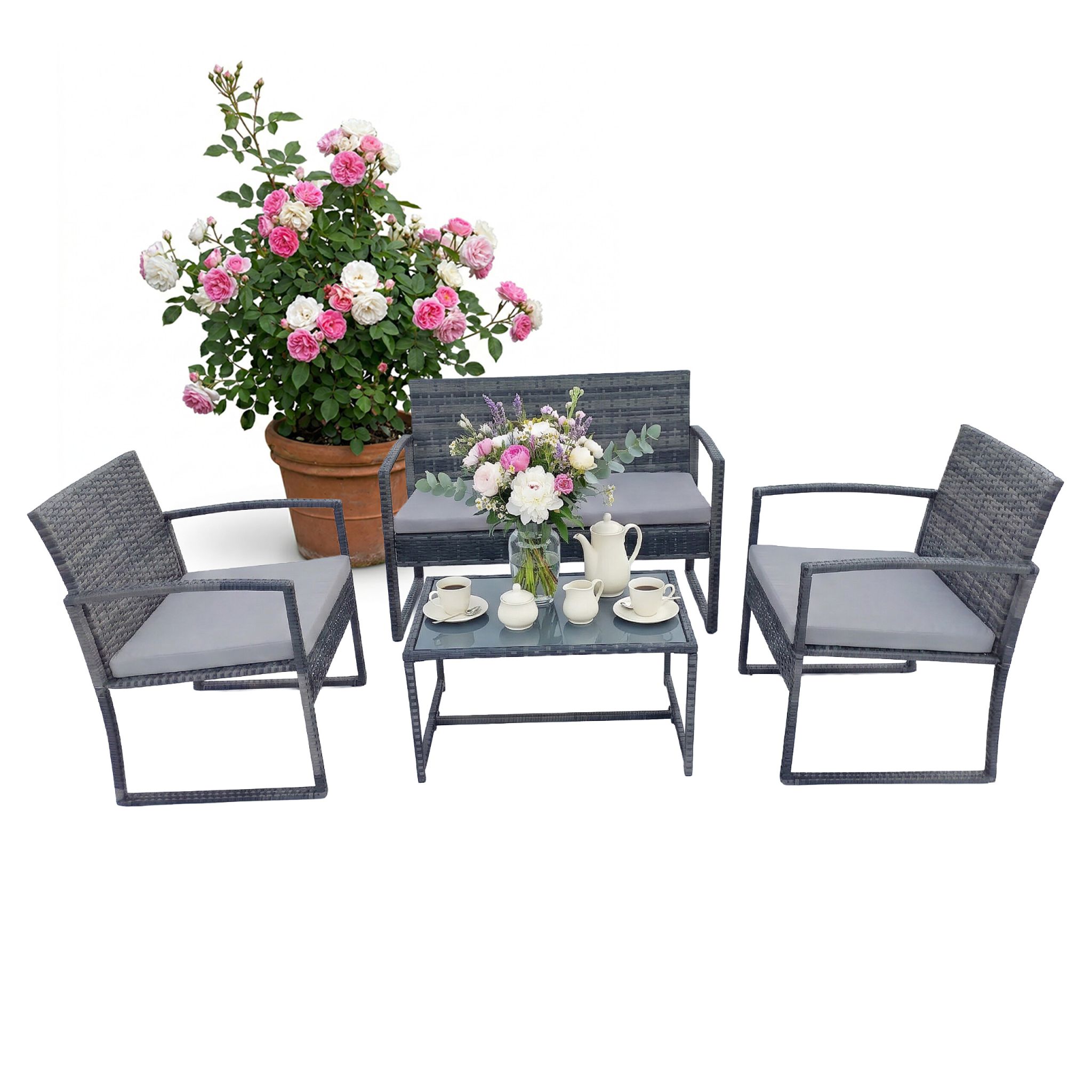 Gartenmöbel 4er-Set Rattan Creme-Grau