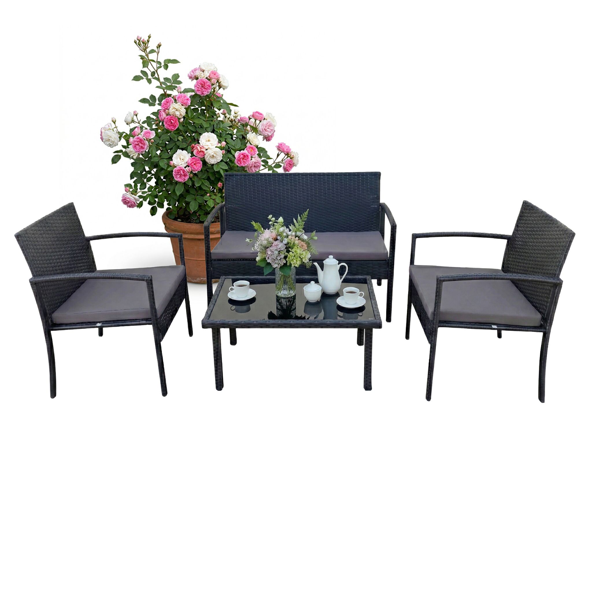 Gartenmöbel 4er-Set Rattan Schwarz-Grau