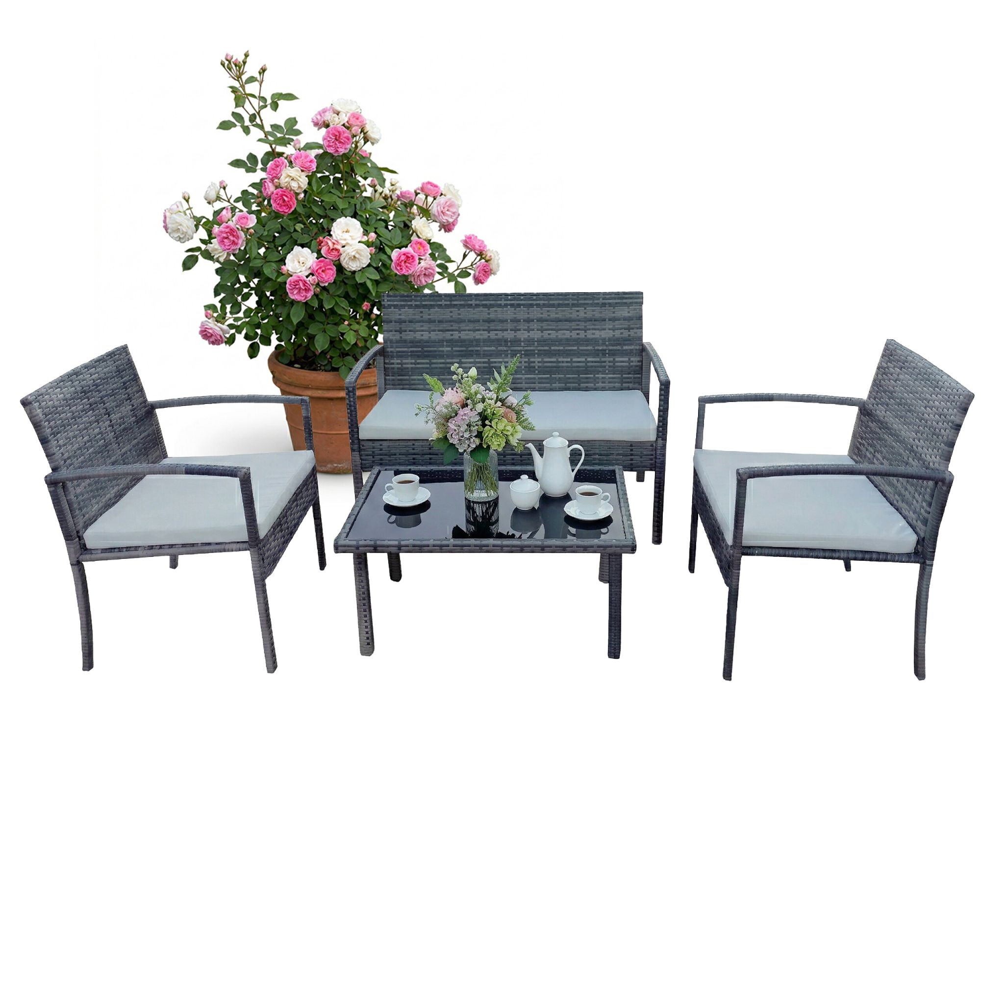 Gartenmöbel 4er-Set Rattan Creme-Grau