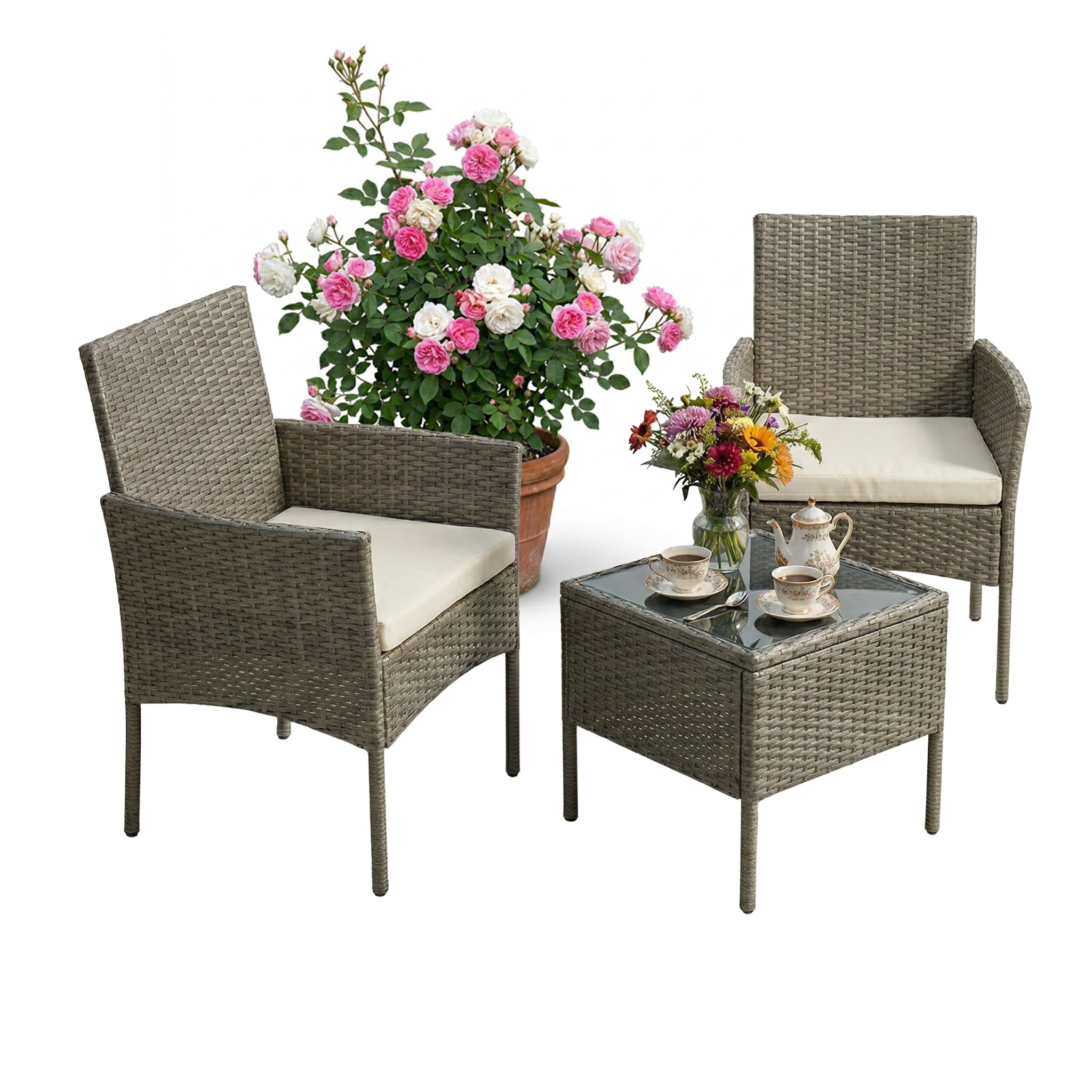 Gartenmöbel 3er-Set Rattan Creme-Schwarz-Grau