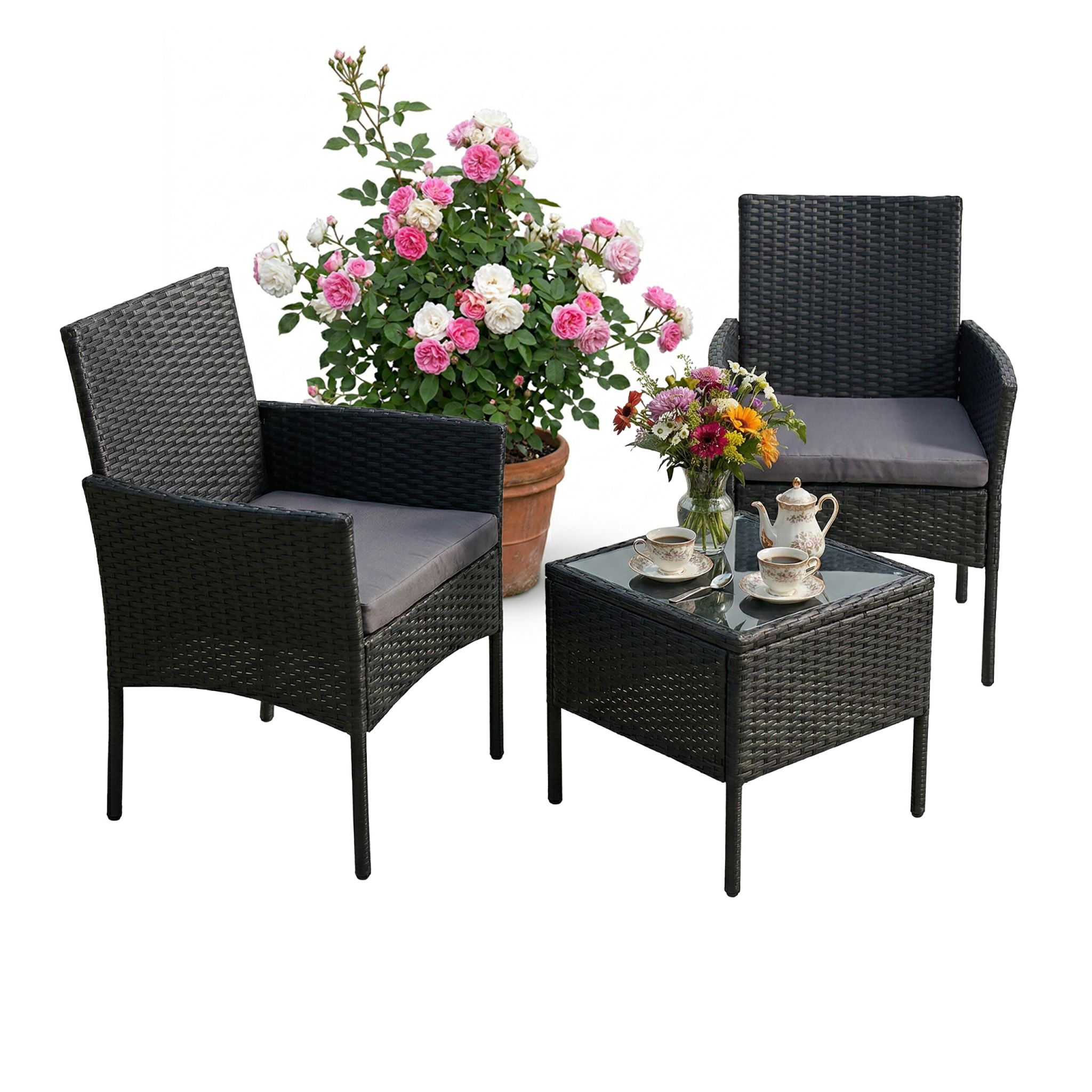 Gartenmöbel 3er-Set Rattan Schwarz-Grau