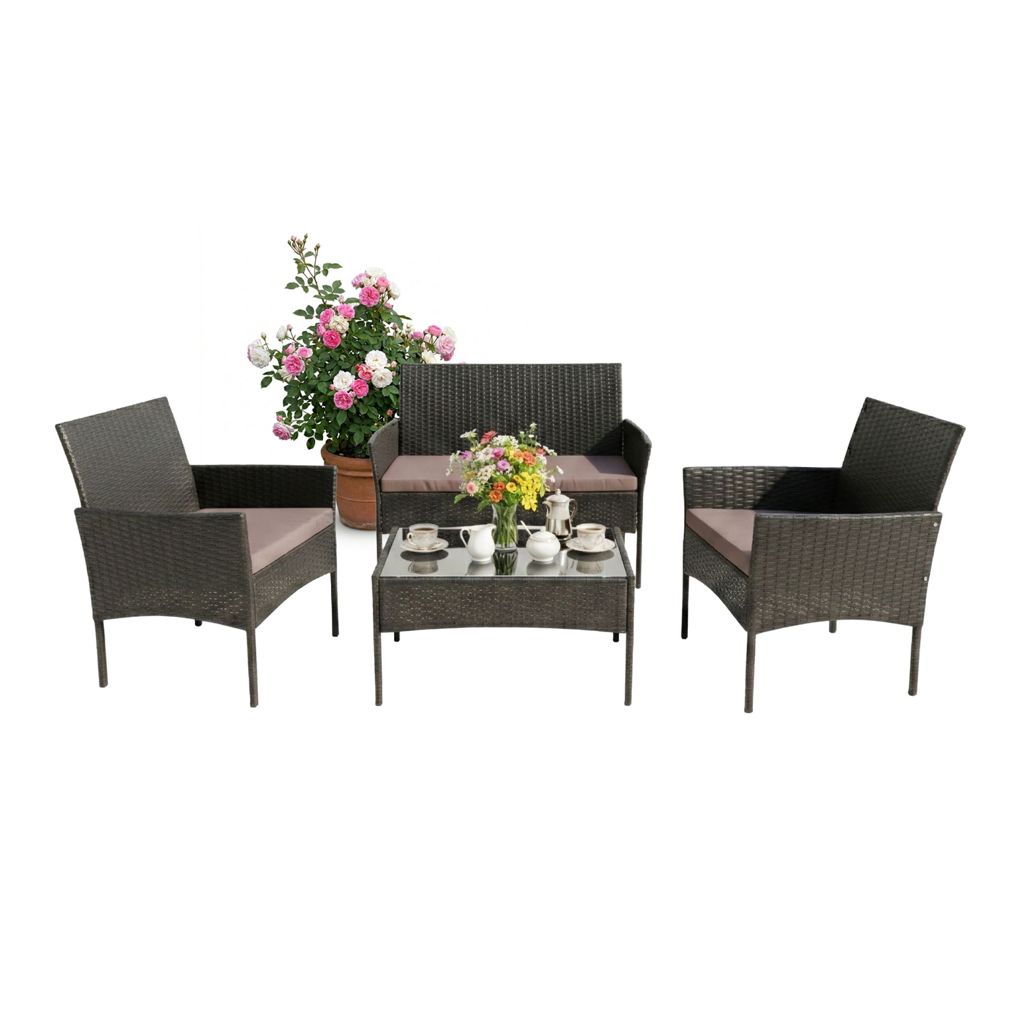 Gartenmöbel 4er-Set Rattan Schwarz-Grau