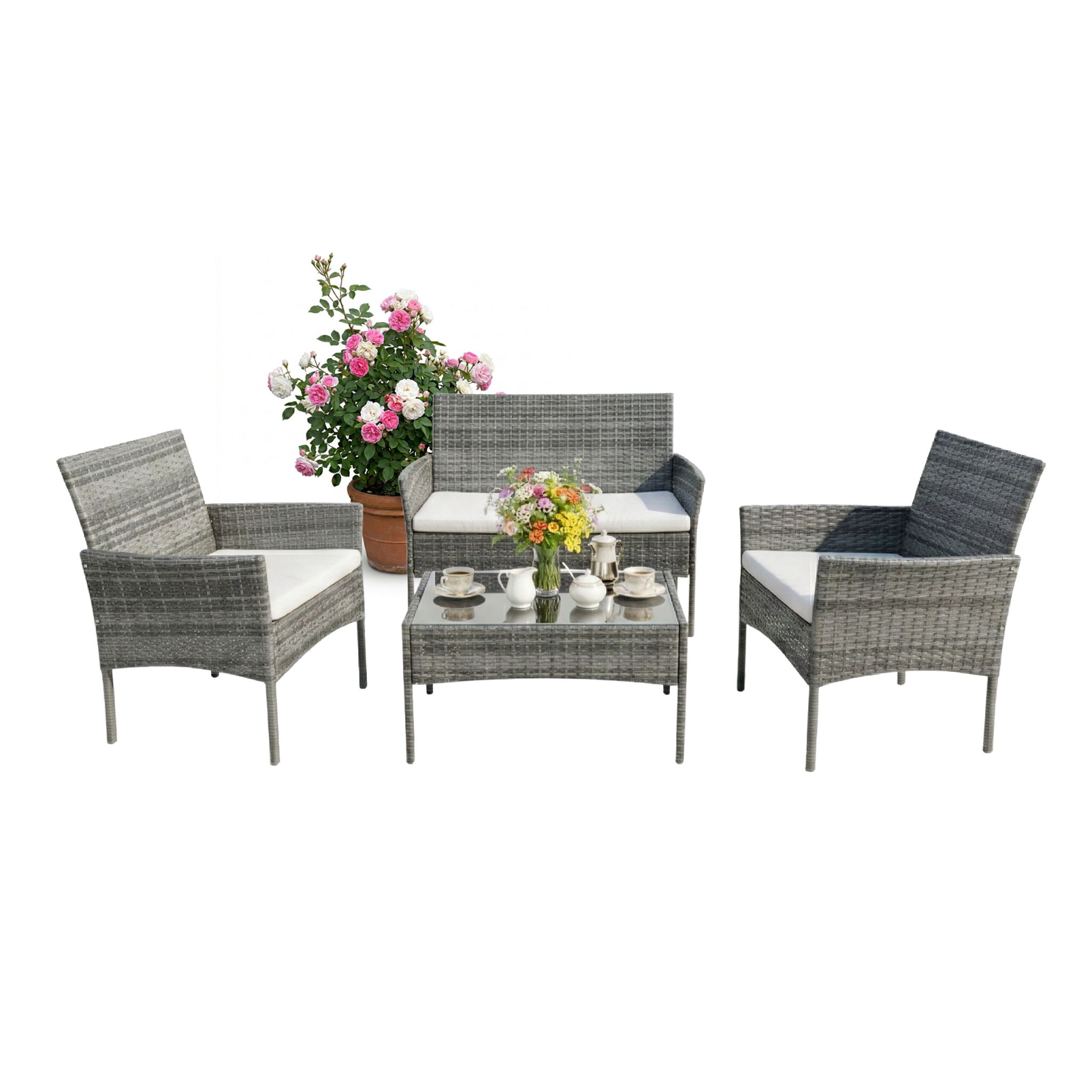 Gartenmöbel 4er-Set Rattan Creme-Grau