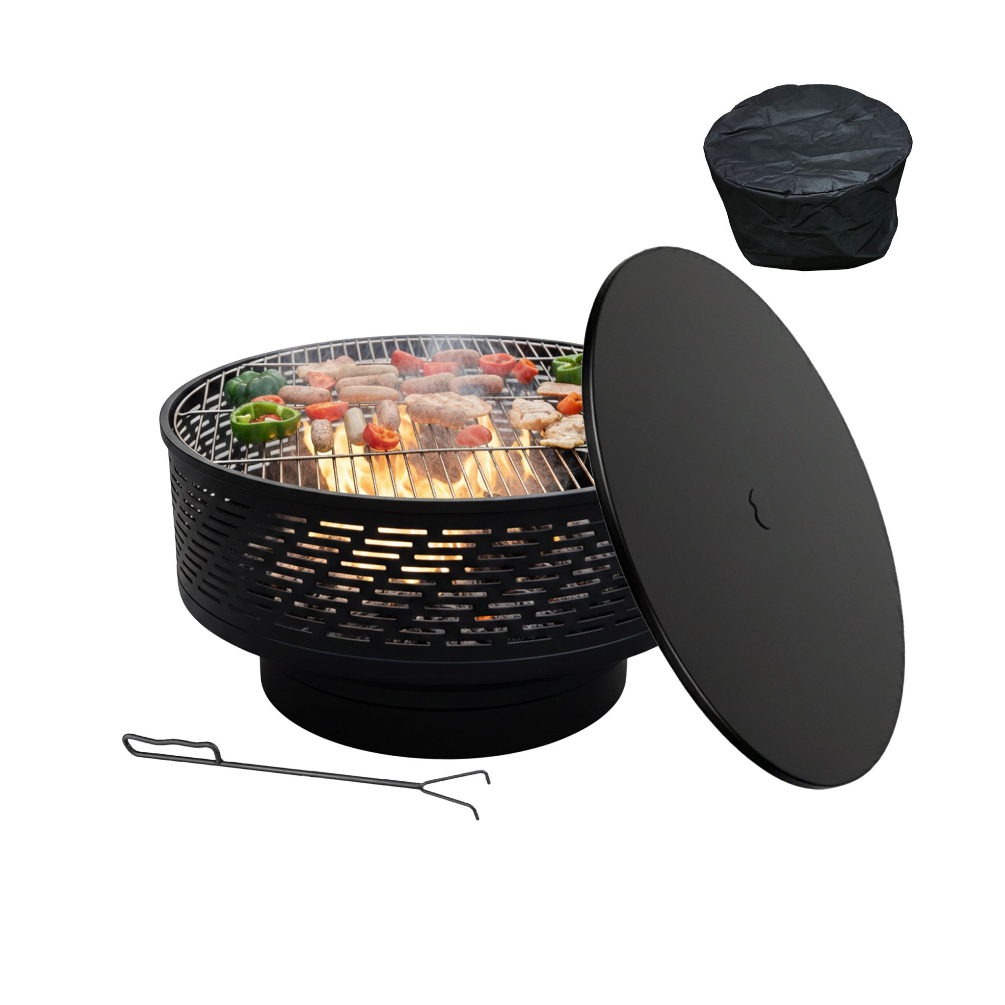 Feuerschale mit Deckel und Grill Schwarz
