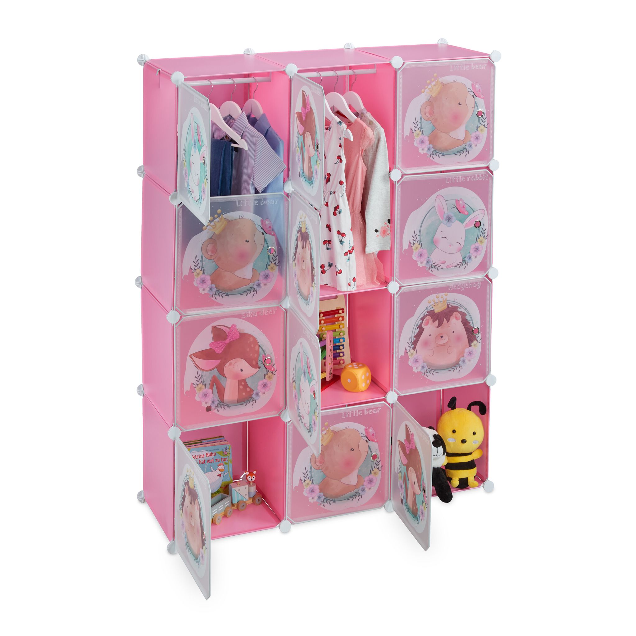 Kinder Steckregal mit Kleiderstangen Weiss-Braun-Rosa
