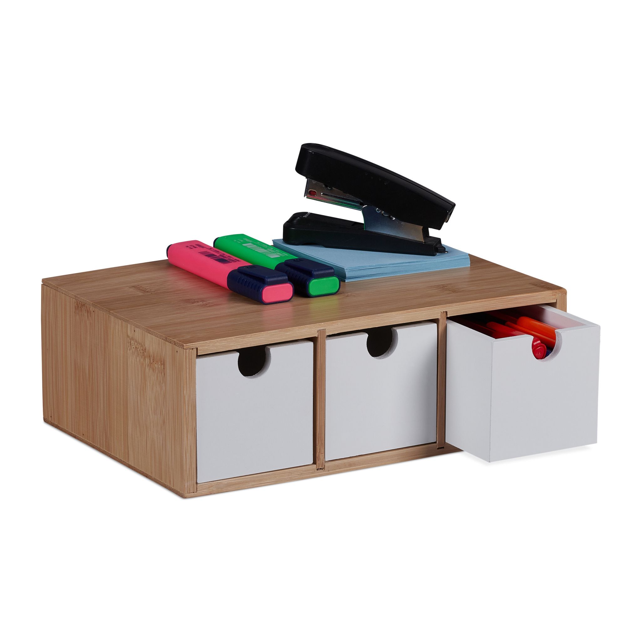 Schubladenbox Bambus & MDF 3 Fächer Weiss-Hellbraun