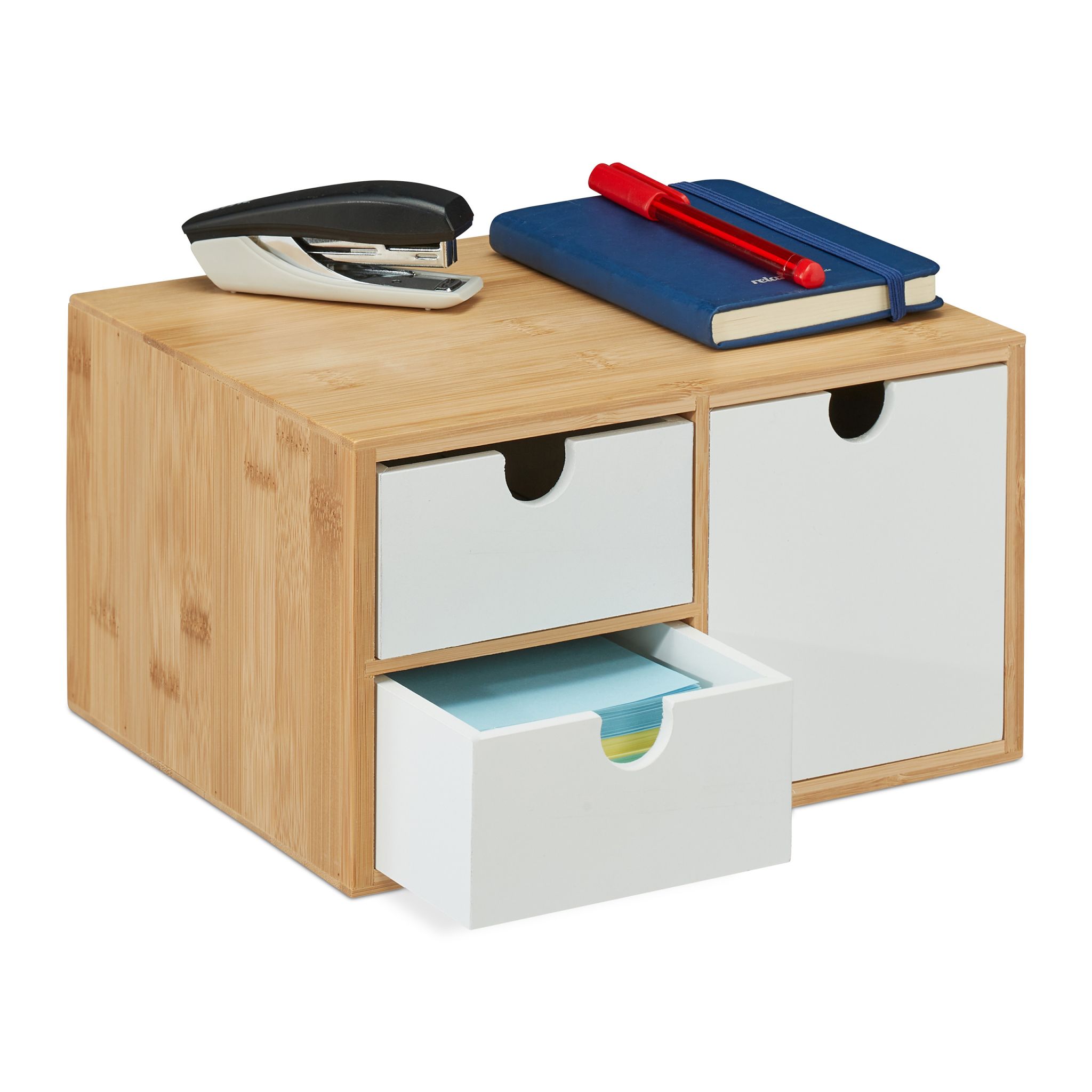 Schubladenbox Bambus & MDF 3 Fächer Weiss-Hellbraun