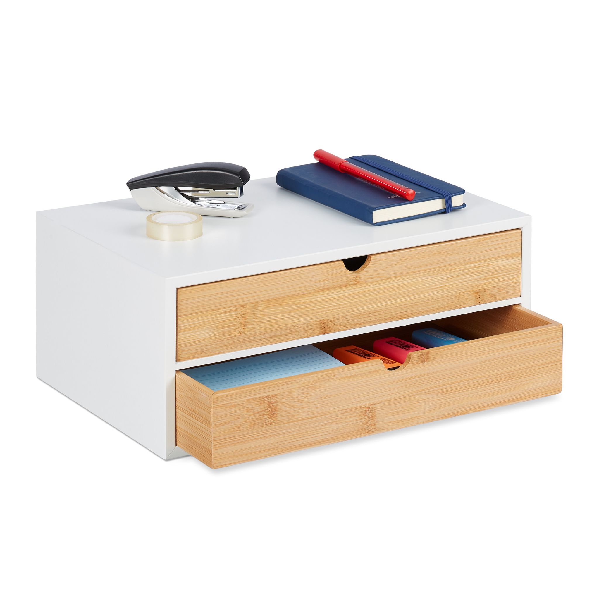 Schubladenbox Bambus & MDF 2 Fächer Weiss-Hellbraun