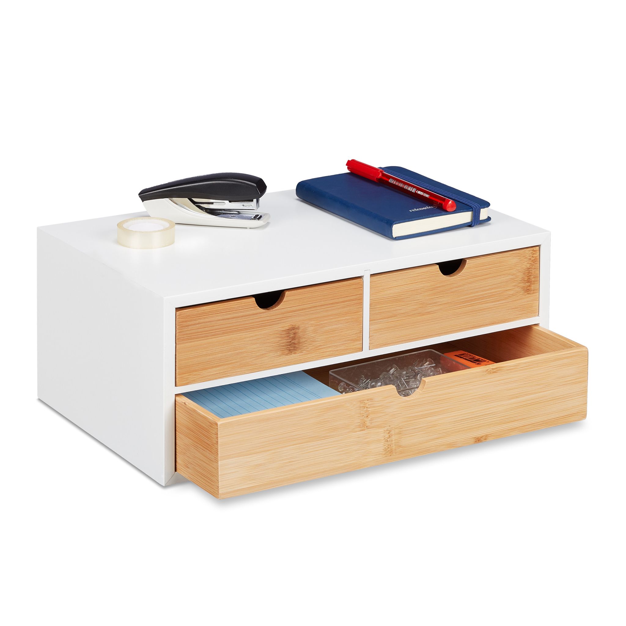 Schreibtisch Organizer 3 Schubladen Weiss-Hellbraun