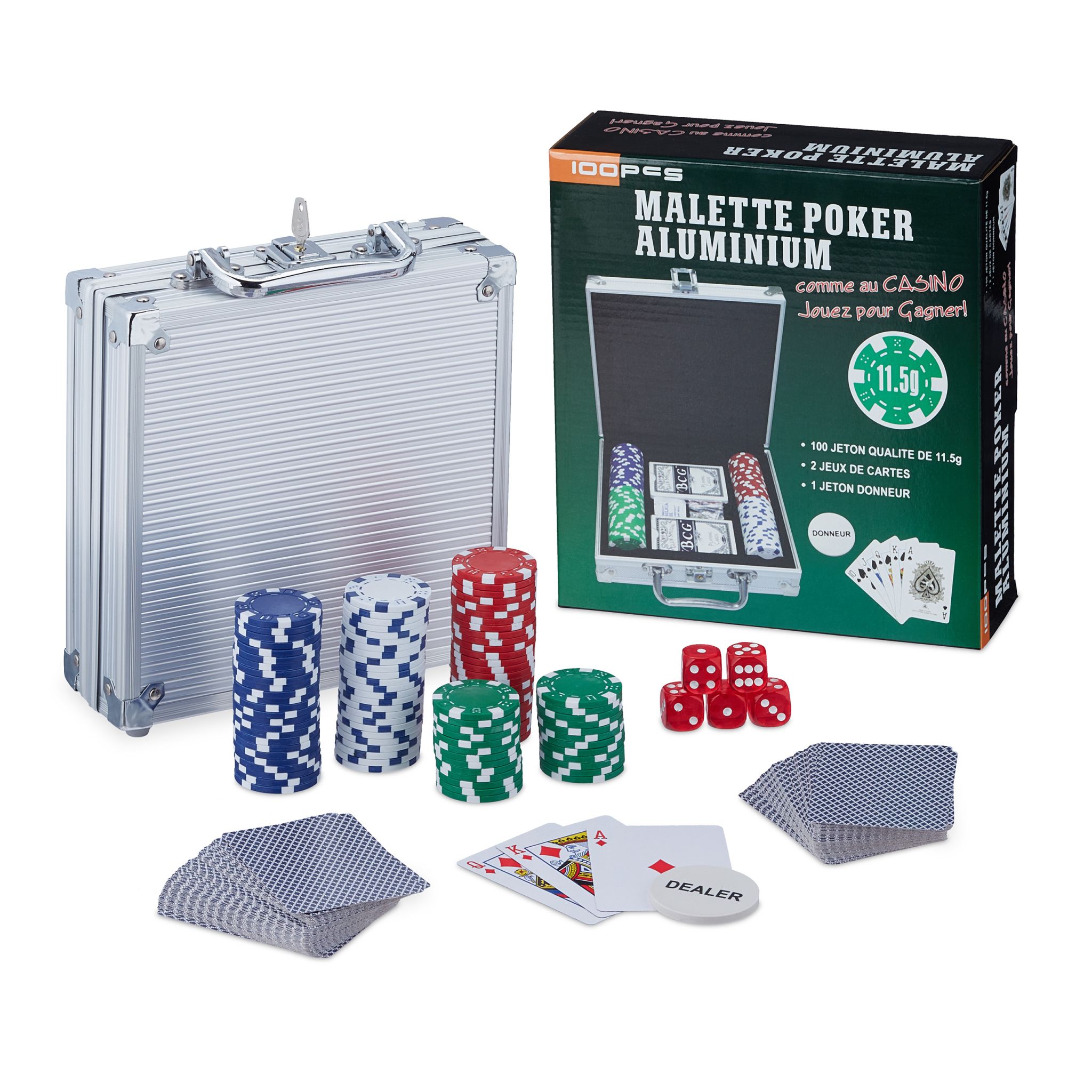 Pokerkoffer mit 100 Chips Silber