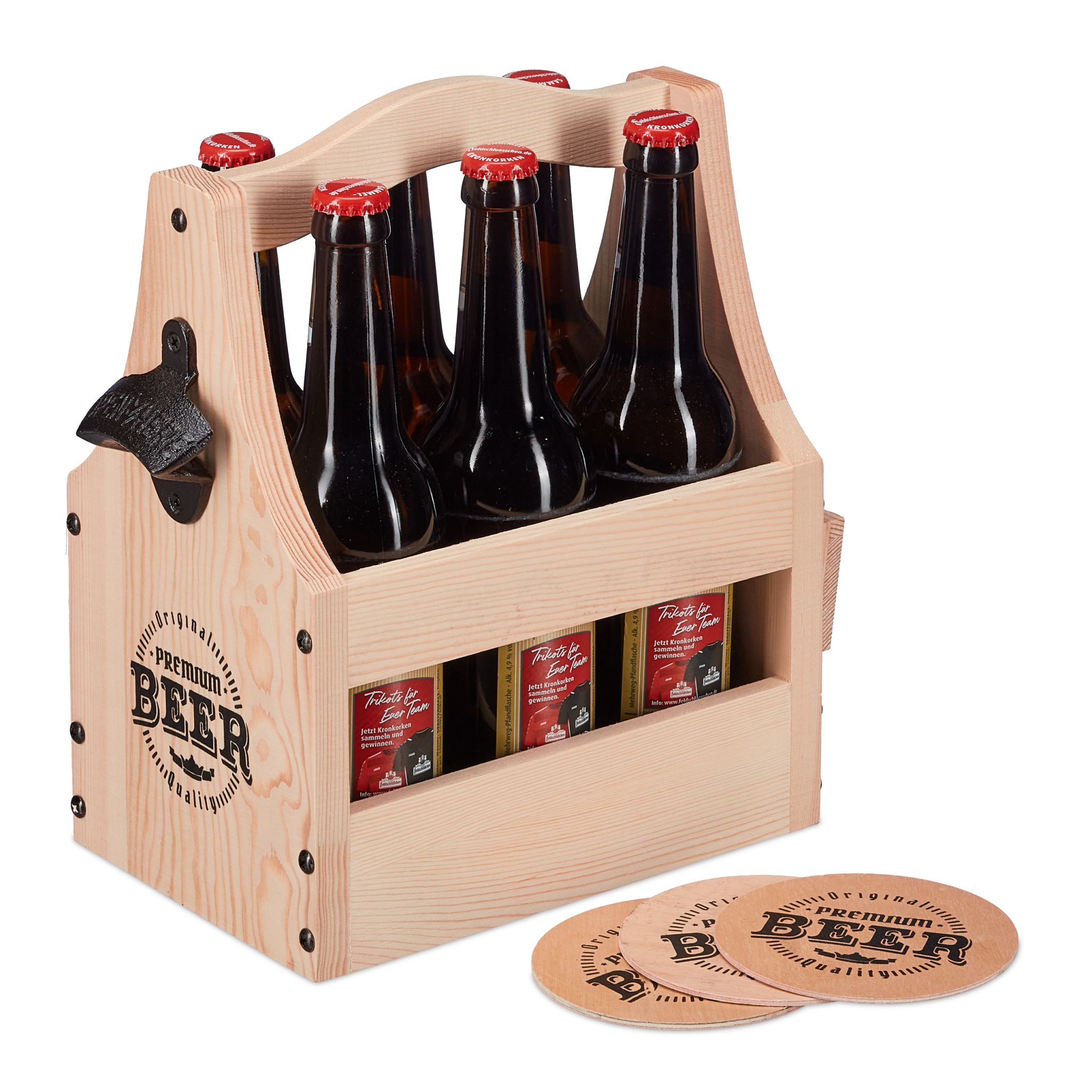 Bierträger Holz mit Flaschenöffner Hellbraun-Schwarz