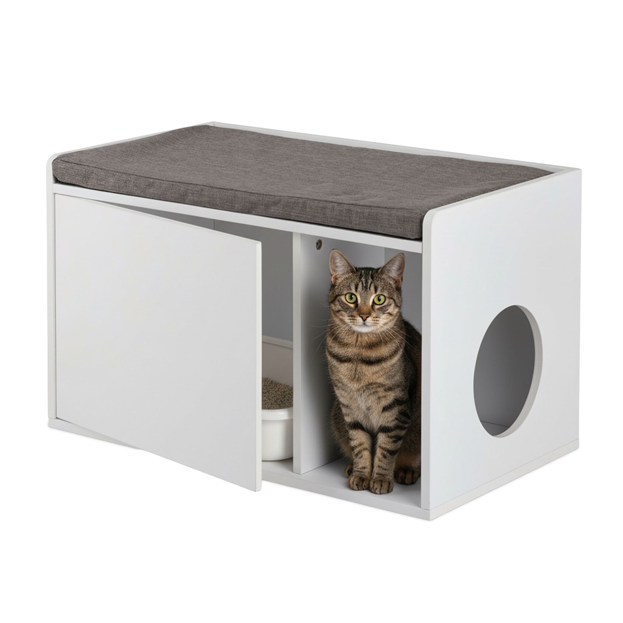 Katzenschrank mit Sitzauflage Weiss-Grau