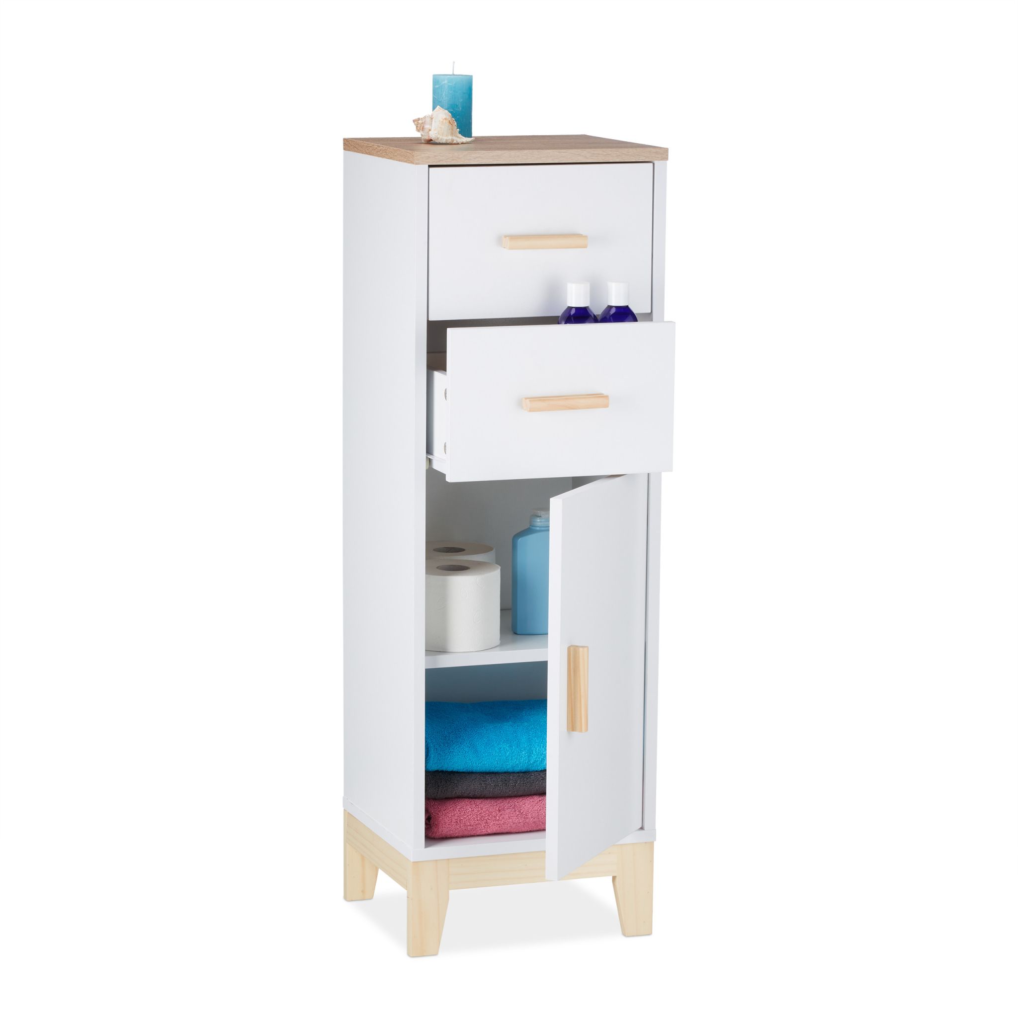Badezimmerschrank mit 2 Schubladen Weiss-Hellbraun