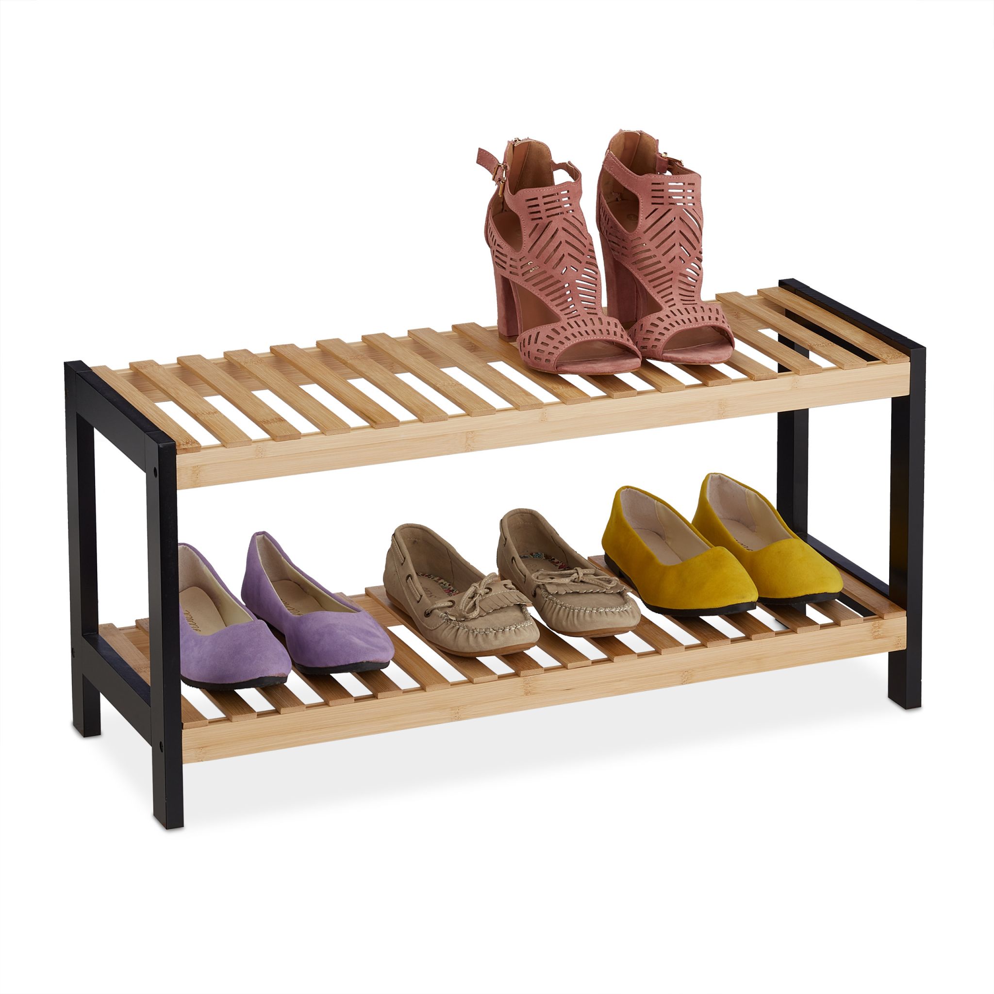 Schuhregal mit 2 Ebenen Hellbraun-Schwarz