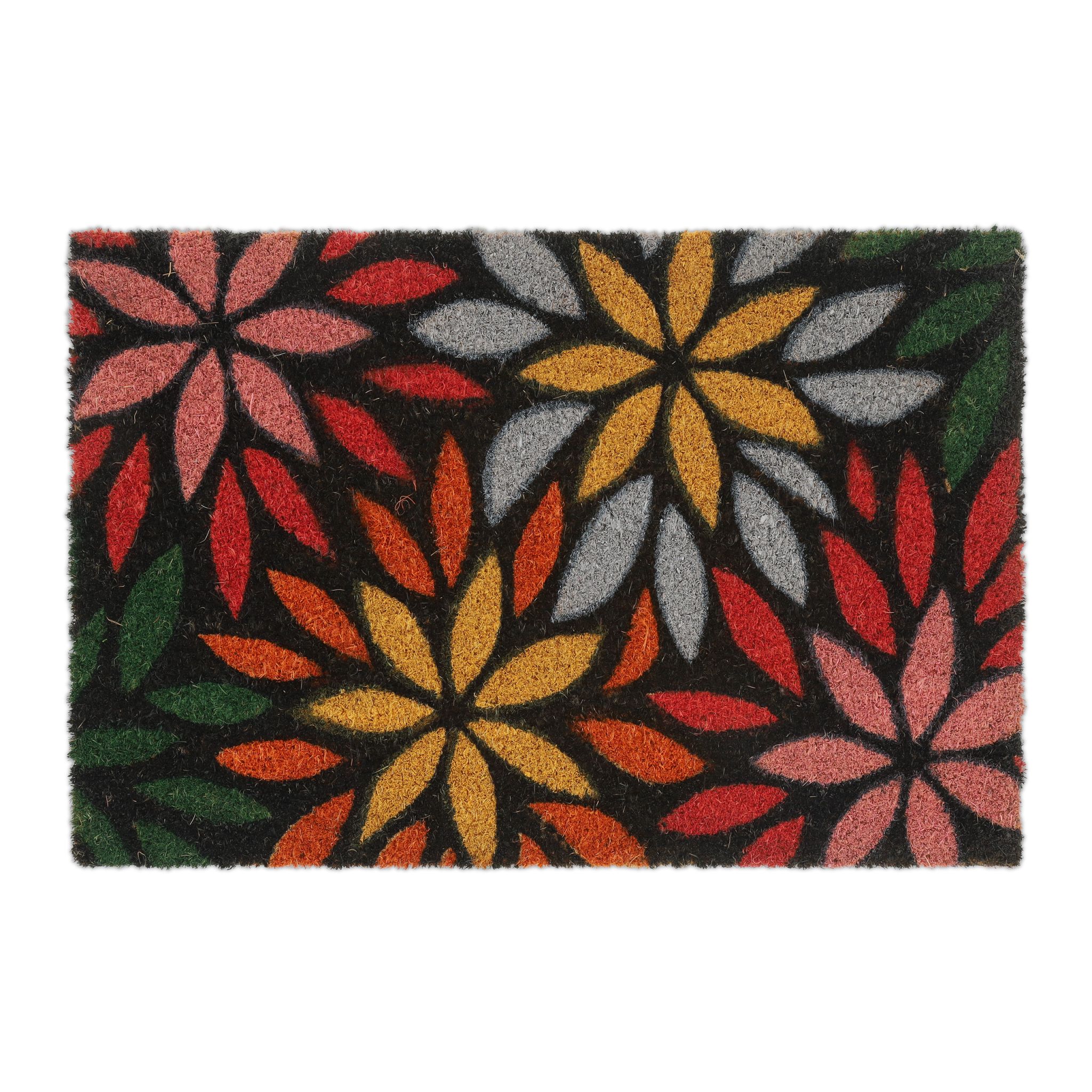 Kokos Fussmatte mit Blumenmotiv Hellblau-Rot-Schwarz