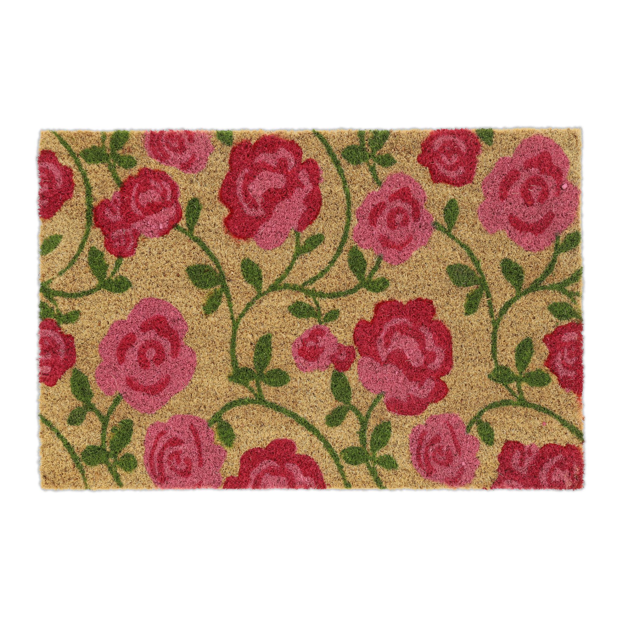 Kokos Fussmatte mit Rosen-Motiv Grün-Hellbraun-Pink