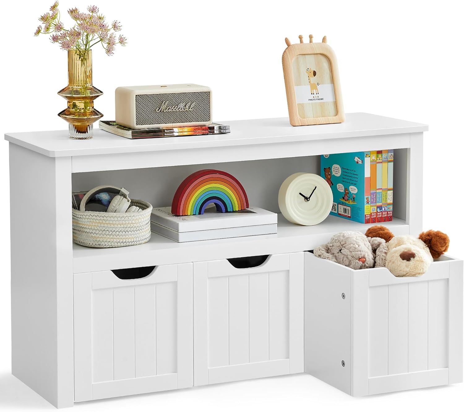 Spielzeugschrank mit 3 Schubladen rollbar weiss Holz
