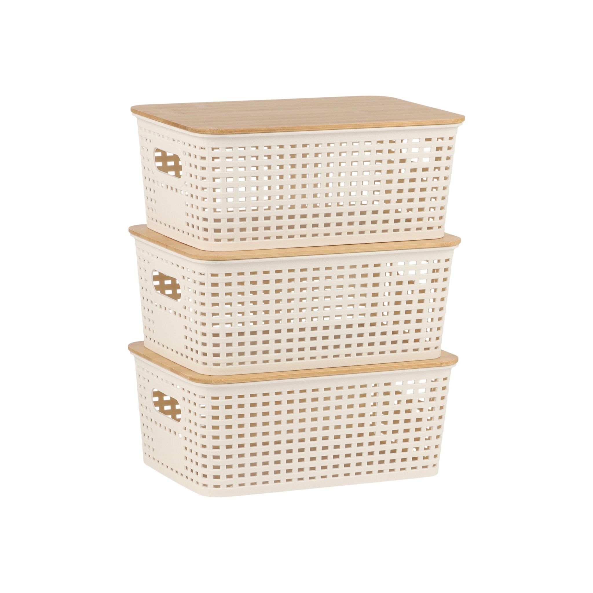 Aufbewahrungsbox mit Bambusdeckel Set Weiss-Hellbraun