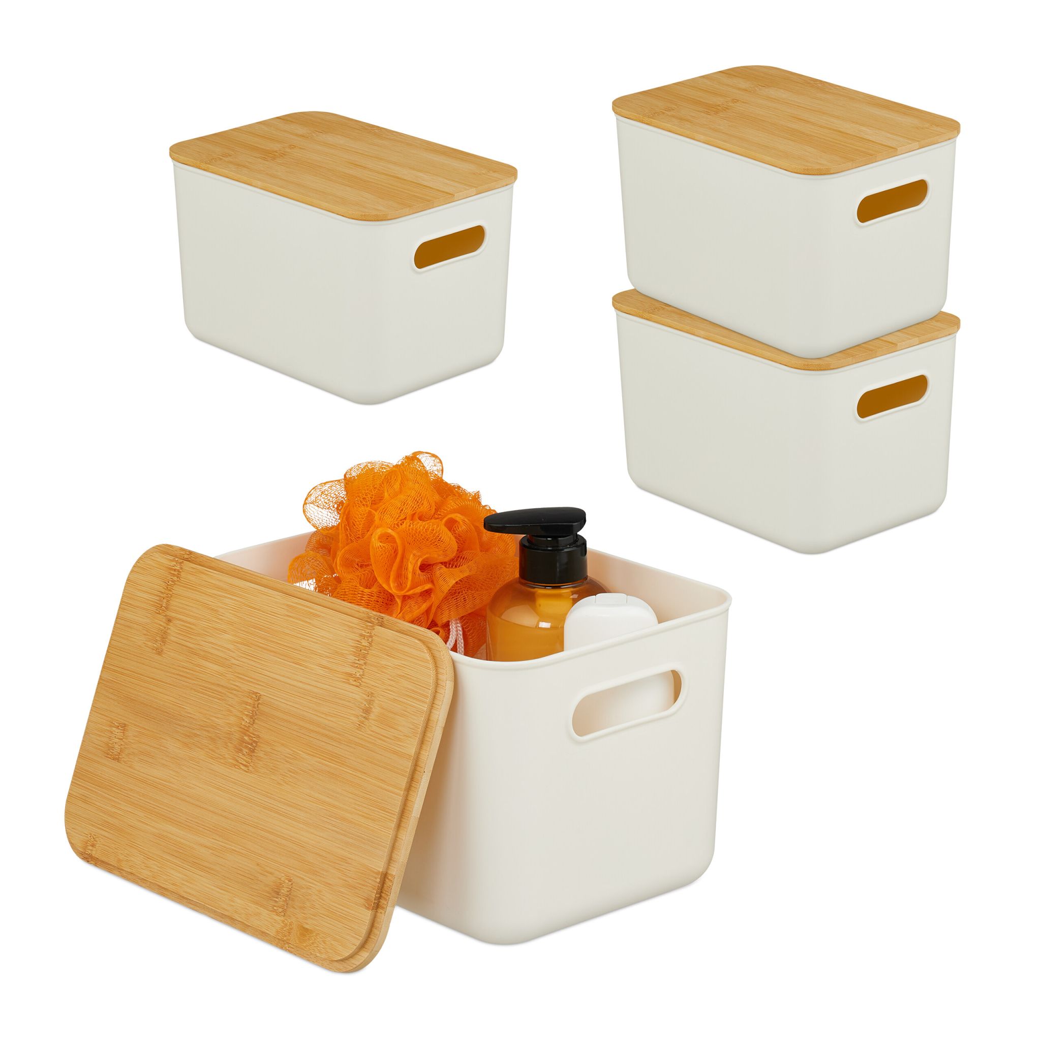 Aufbewahrungsbox mit Bambusdeckel Set Weiss-Hellbraun